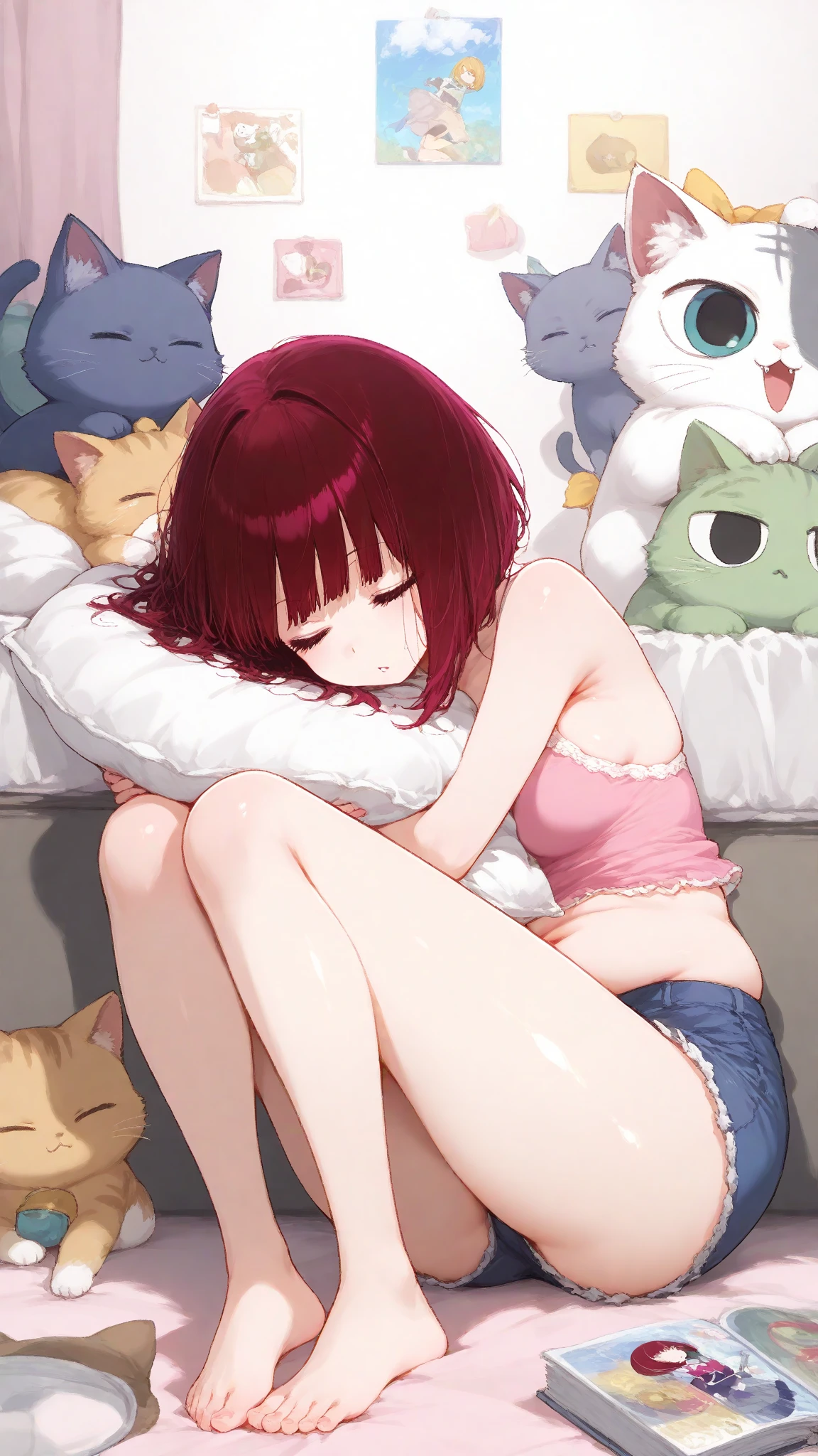 masterpiece, best quality, high resolution, 
(sleeping girl and cat), Lying on bed,1cat, fetal position, closed_eyes, 
camisole, mini skirt,white panties,cleavage,
top view, bed_sheet,add_detail:1,I can see your panties,