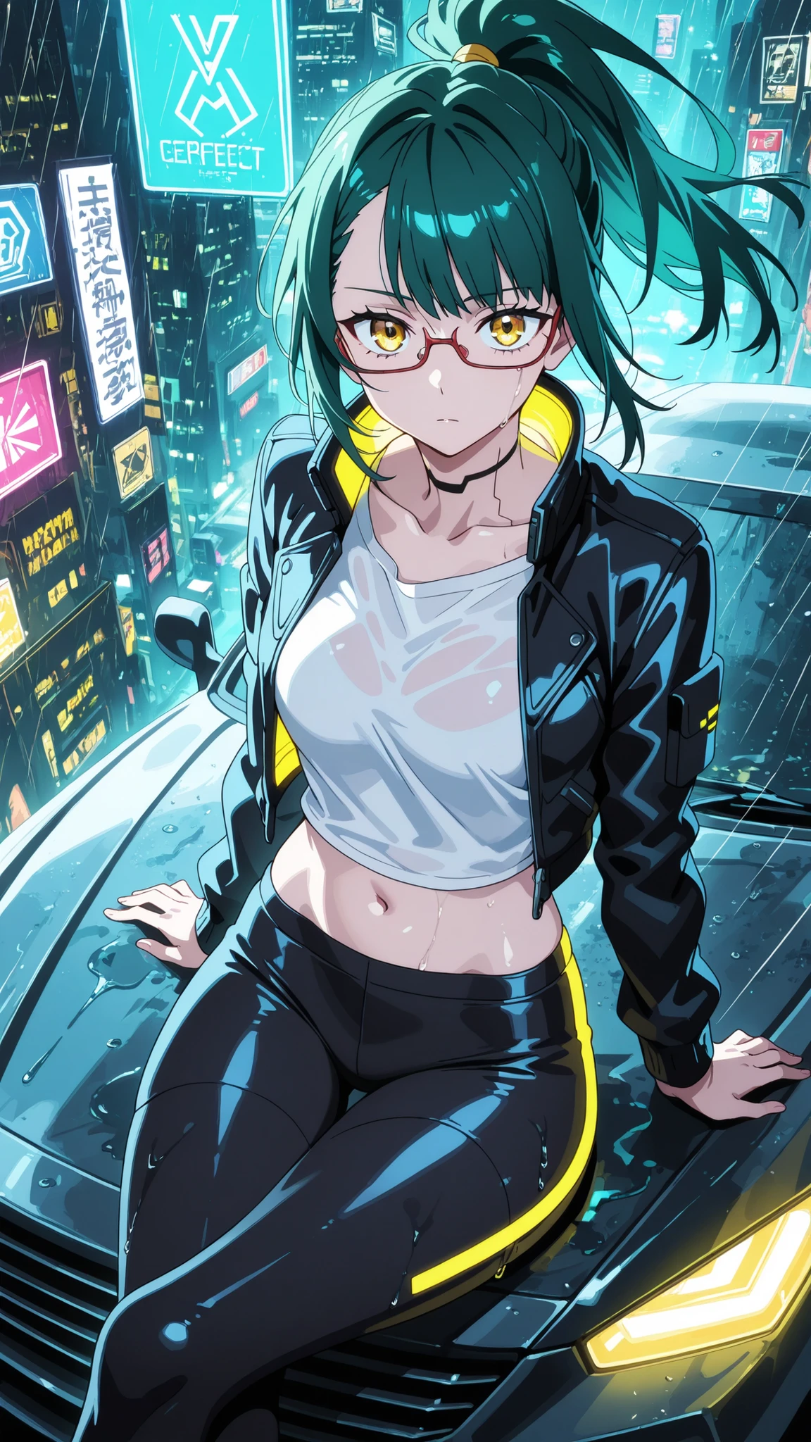 BREAK looking at viewer, BREAK (masterpiece:1.2), best quality, high resolution, unity 8k wallpaper, (illustration:0.8), (beautiful detailed eyes:1.6), extremely detailed face, perfect lighting, extremely detailed CG, (perfect anatomy),Futuristic megacity at night, streets glistening with fresh rain, neon signs reflecting in endless puddles, towering skyscrapers with holographic billboards casting colorful glow on wet asphalt, steam rising from sewer grates,, glass facades distorting the electric glow, 4K ultra-detailed cyberpunk atmosphere, cinematic composition, maki_v1,1girl,green_hair,glasses,ponytail,tight leggings,yellow eyes,white short shirt,navel,black leather jacket,open jacket,cowboy shot,floating hair,sitting on car,cross legs,from above.