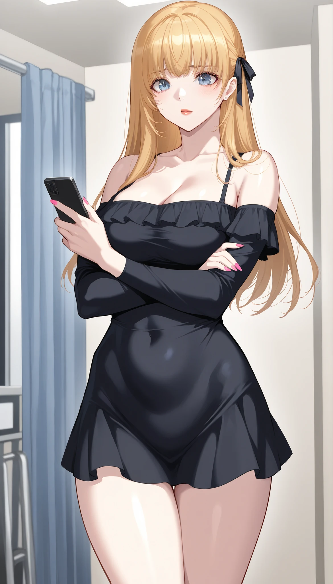 (PONY XL) Liya - FITNESS [ MANHWA], beautiful pretty adult girl with orange-blonde long hair, forehead hair bangs, big blue eyes, fair natural clean skin, pink nails, small yet slightly plump breasts, a perfect slender-slim body, small waist, and plump light-red lips. She's wearing a revealing tight black mini short off-shoulder tube black dress with attached long tight sleeves and straight neckline, and one hair ribbon on the side. She's standing straight, arms crossed, with a cute plain expression, holding one phone, and is in a big living room. Show from her head to leg calf, SOLO, and super hyper-detailed.