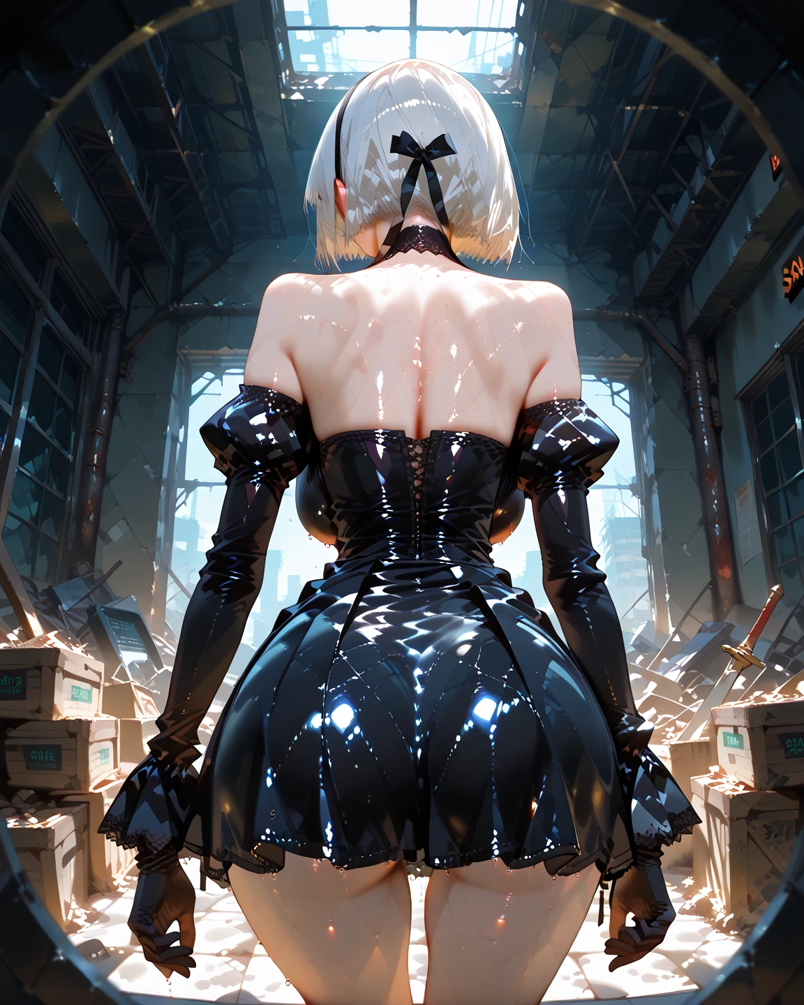 (masterpiece, Highest quality, 32K Wallpapers, Very detailed,portfolio),Blonde、((Huge breasts:1.8,and ass:1.8,Plump body:1.4))、((White latex nurse uniform、Long gloves in latex、Latex boots、latex mask)),nsfw,BDSM,bondage,The sheen of latex:2.0