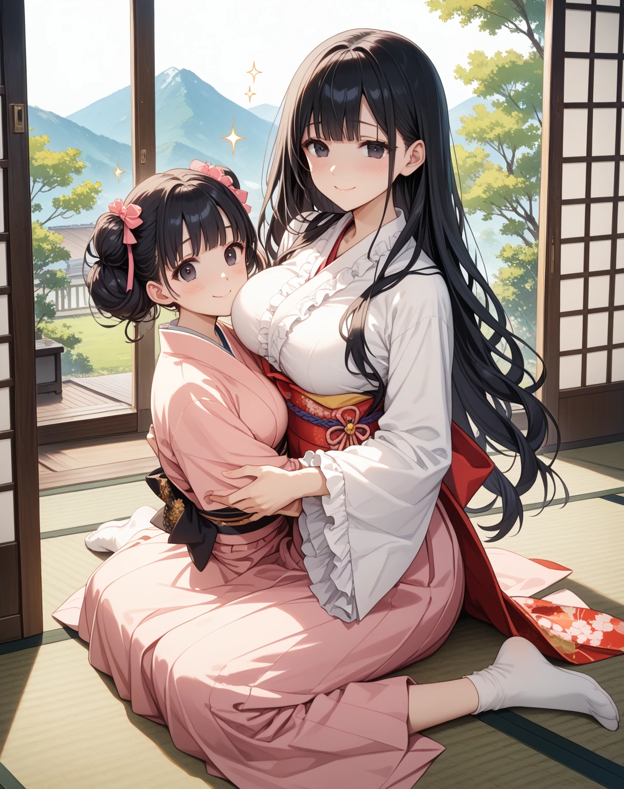 (mother and daughter, age_difference,size_difference), listening to the heartbeat , hugging each other,(Cum on body), embarrassed,blush,tears in eyes, sweat, , masterpiece, best quality, very aesthetic, absurdres, ,boa_hancock(one_piece), black_hair, hime_cut, large_forehead, snake_earrings, blue_eyes, cape, crop_top, frilled_sleeves, frills, jewelry, pink_nails, pink_sash, pink_sleeves, plunging_neckline, red_shirt, red_skirt, side_slit,in heaven,surrounding by flowers,falling_petals, petals,,