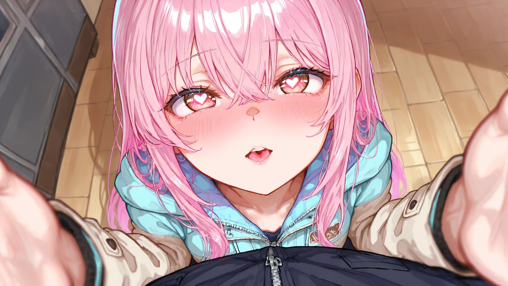 ((masterpiece, best quality)),high resolution,ultra detailed,8k,16k,detailed background, perfect lighting,detailed beautiful eyes,1girl,nsfw,embarrassed,blush,look at viewer,(steam,sweat:1.2),aroused,seductive eye,(from above,from front:1.4),(pov:1.4),face focus,fisheye lens,1boy,1penis,(oralsex),(deep fellatio,hetero:1.4),:>=,(penis in mouth),cum in mouth,portrait ,(slender,kawaii),(Kagamihara Nadeshiko (Yuru Camp), blue eyes,pink hair, long hair,small breast,short_body,highlight in eyes,thin pubic hair,flat color),forest,camp