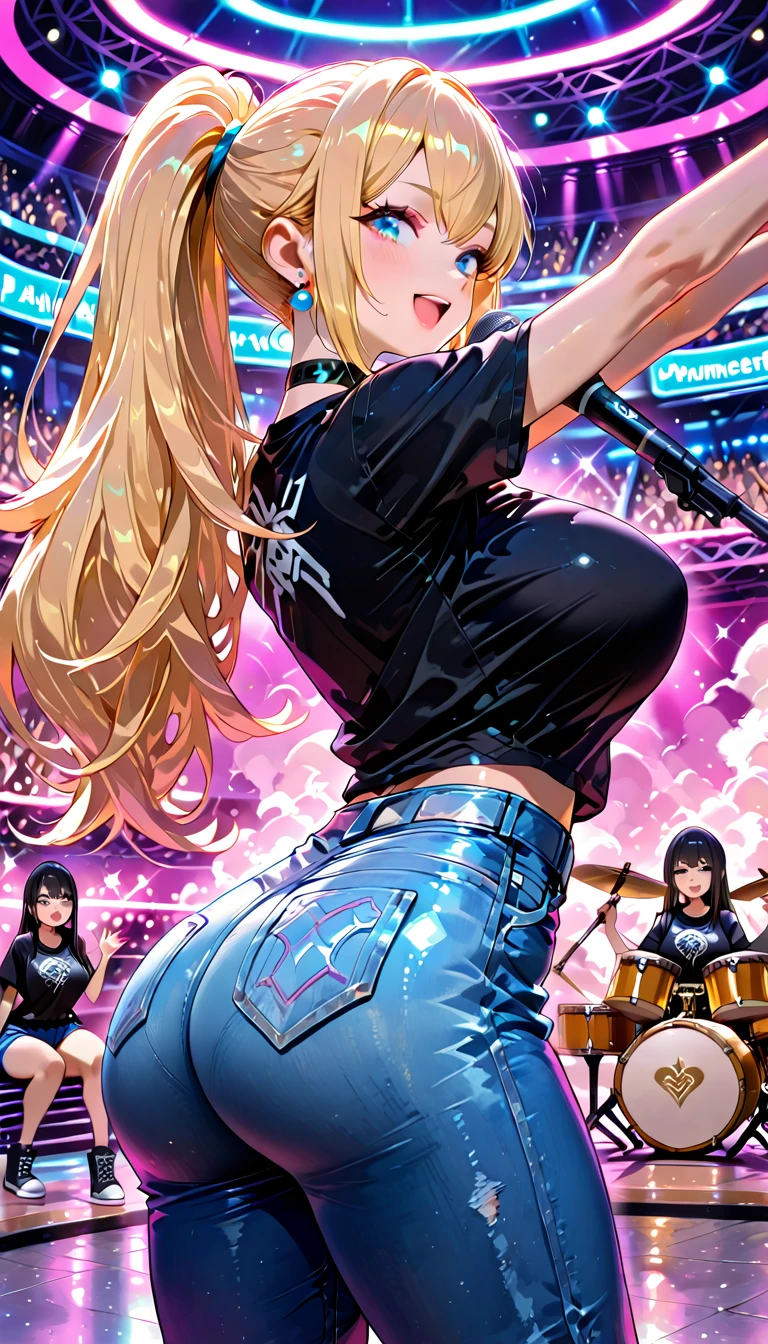{{{masterpiece}}}, {{{best quality}}}, {{ultra-detailed}}, {illustration}, {{an extremely delicate and beautiful}}, (beautiful detailed eyes:1.6), extremely detailed face, 8k, anime face, Eiko Tsukimi(Ya Boy Kongming!), 1girl, solo, long hair, twin braids, braid, blonde hair, bangs, blush, hat, black headwear, baseball cap, blue eyes, medium breasts, thin waist, big hips, curvaceous, plump thighs, open clothes, denim, shirt, denim skirt, white shirt, shirt tucked in, short sleeves, microskirt, blue microskirt, multicolored jacket, BREAK, singing on the street, hold the microphone with both hands, sing, sorriso alegre, looking at viewer, outdoor, night, crowd of people