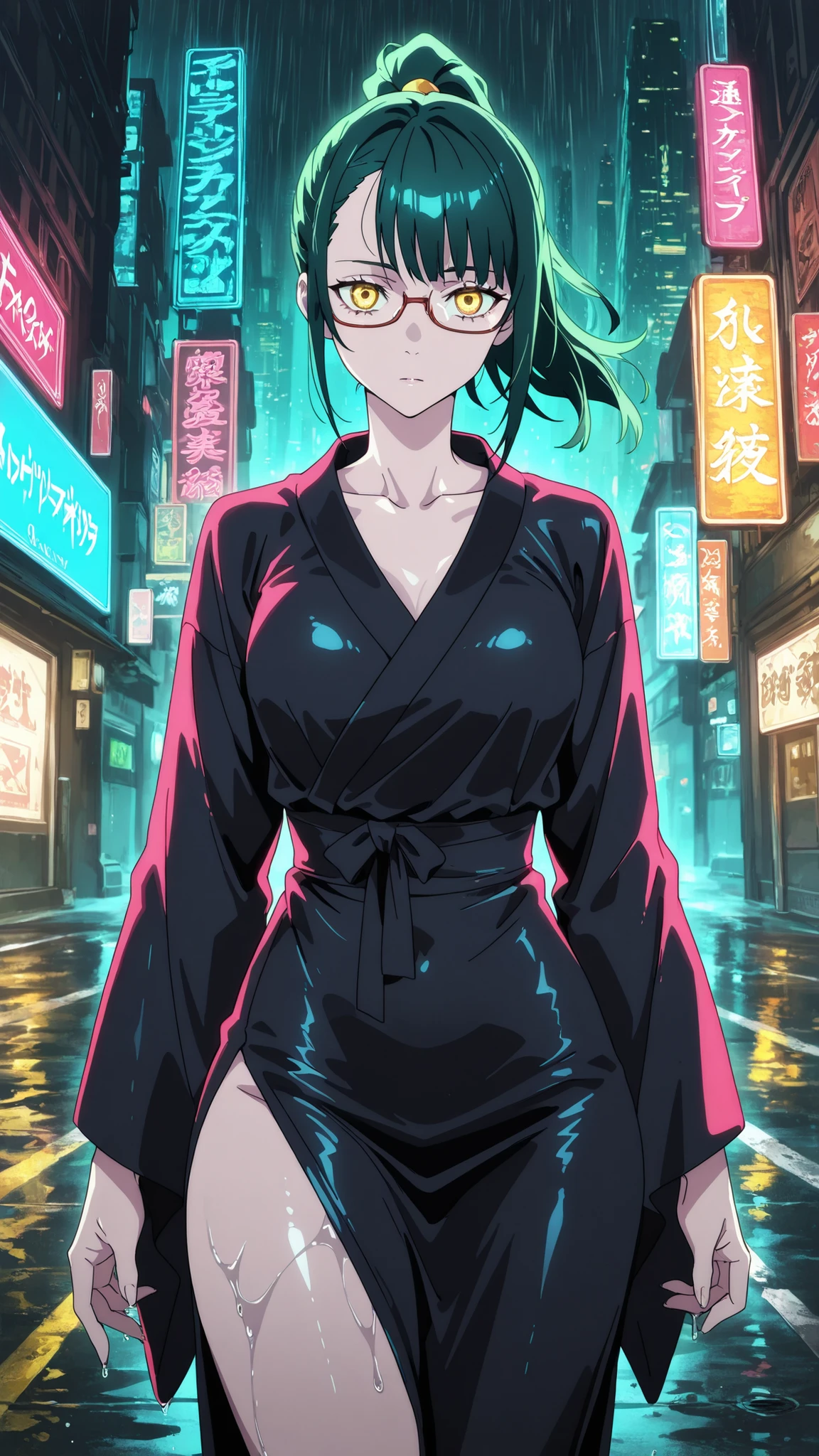 BREAK looking at viewer, BREAK (masterpiece:1.2), best quality, high resolution, unity 8k wallpaper, (illustration:0.8), (beautiful detailed eyes:1.6), extremely detailed face, perfect lighting, extremely detailed CG, (perfect anatomy),Futuristic megacity at night, streets glistening with fresh rain, neon signs reflecting in endless puddles, towering skyscrapers with holographic billboards casting colorful glow on wet asphalt, steam rising from sewer grates,, glass facades distorting the electric glow, 4K ultra-detailed cyberpunk atmosphere, cinematic composition, maki_v1,1girl,green_hair,glasses,ponytail,yellow eyes,cowboy shot,tight dress,japanese dress,black dress.cleavege,collarbone,cleavege on leg.