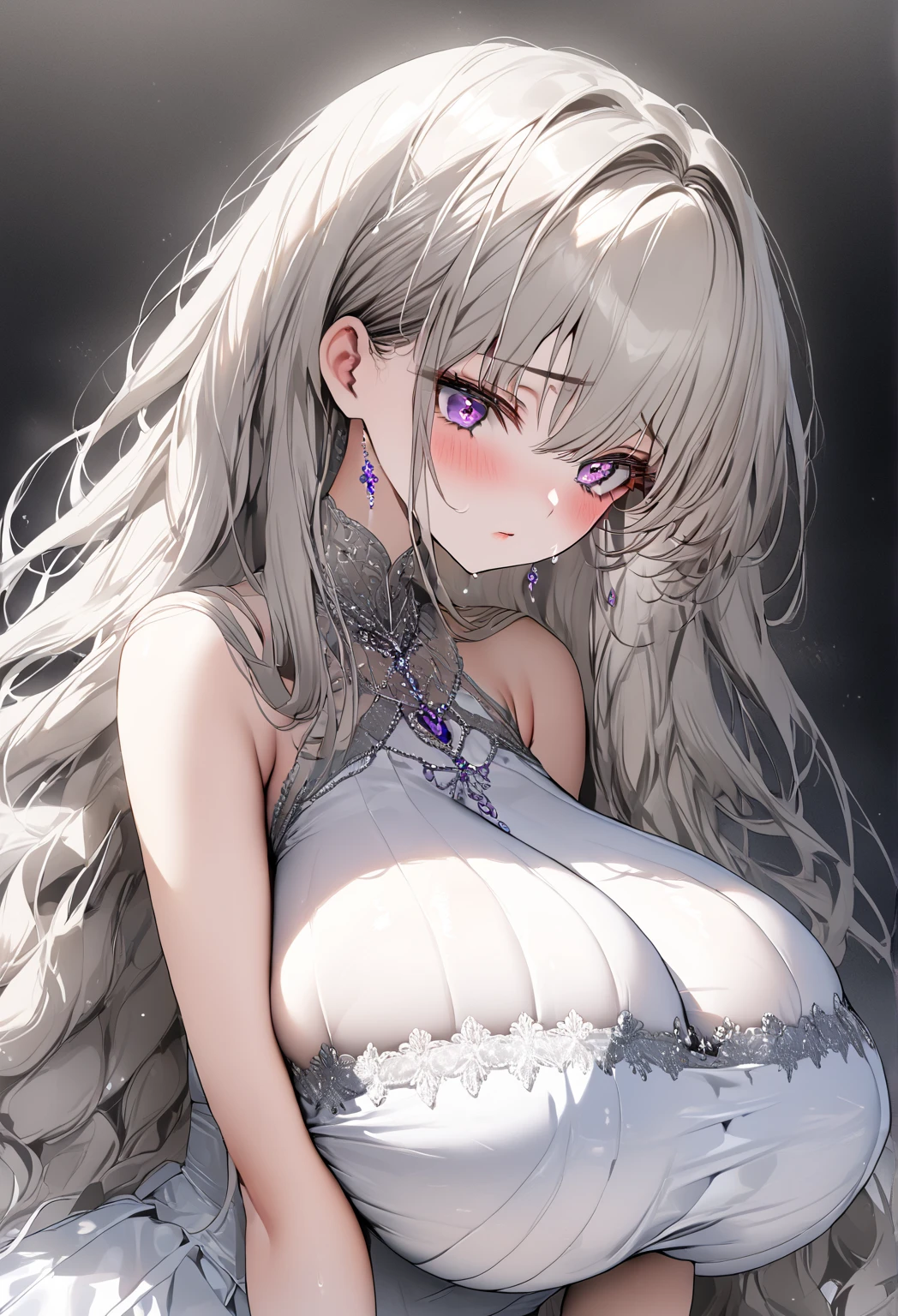 nafw,(2 girls),(duo),breast,absurdres,best quality,very aesthetic,absurdres,bra,(light silver White hair),太もも,(purple),(straight-on),(long hair),(gown),(bare breasts),(huge),(v-neck)