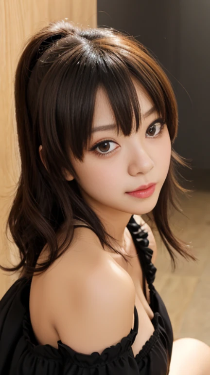 ((Best Quality, 8K)), Beach, Beautiful Girl, Cinema Lighting, Idol, Japan Person, See, Black Eyes, Small, Black Hair, Twin Tails, No Makeup, Detailed Skin, Sexy, Cute Face, Detailed Eyes, Bikini, Background Blur