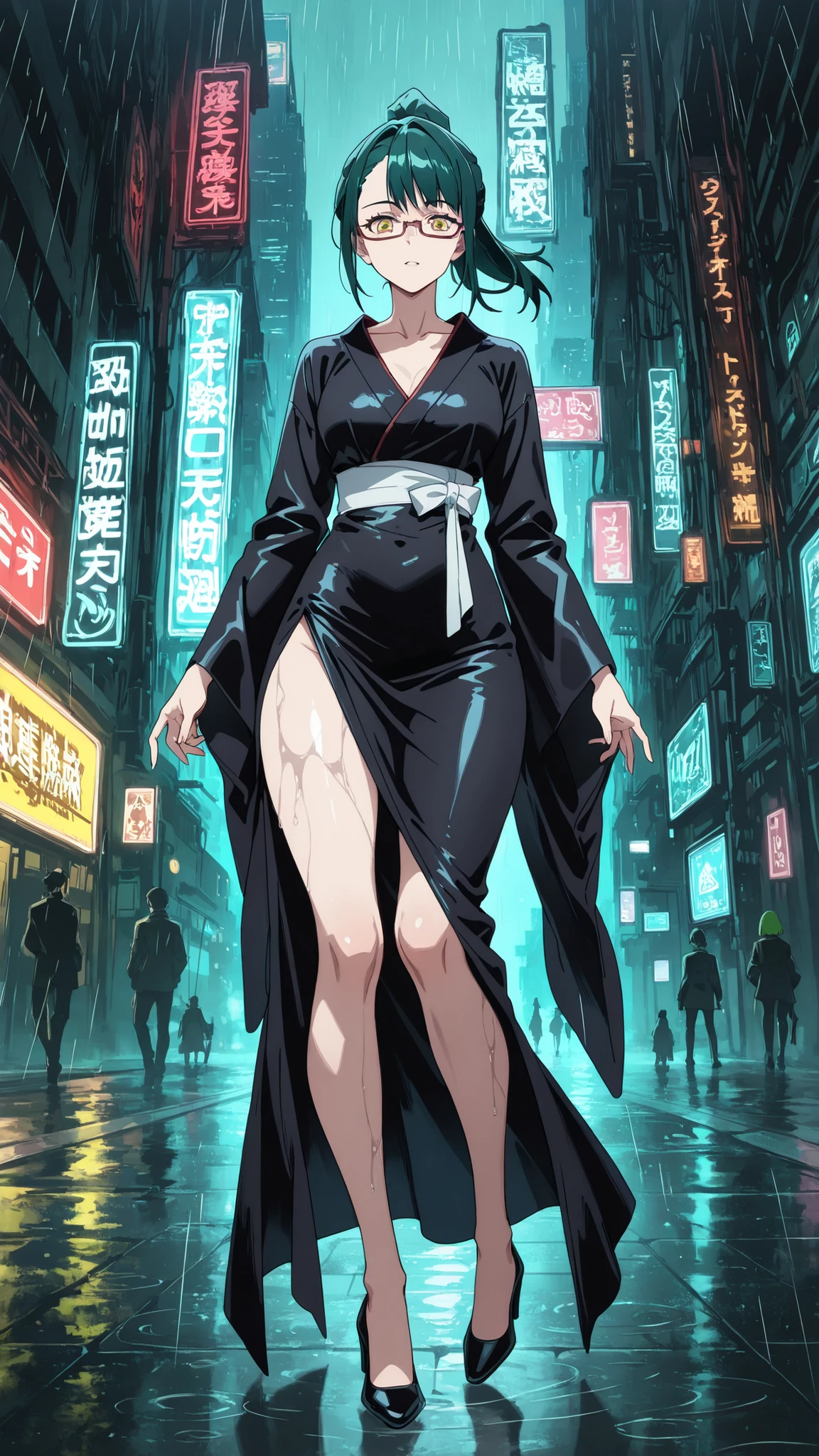 BREAK looking at viewer, BREAK (masterpiece:1.2), best quality, high resolution, unity 8k wallpaper, (illustration:0.8), (beautiful detailed eyes:1.6), extremely detailed face, perfect lighting, extremely detailed CG, (perfect anatomy),Futuristic megacity at night, streets glistening with fresh rain, neon signs reflecting in endless puddles, towering skyscrapers with holographic billboards casting colorful glow on wet asphalt, steam rising from sewer grates,, glass facades distorting the electric glow, 4K ultra-detailed cyberpunk atmosphere, cinematic composition, maki_v1,1girl,green_hair,glasses,ponytail,yellow eyes,fullbody show,tight dress,japanese dress,black dress.cleavege,collarbone,cleavege on leg,high heels,