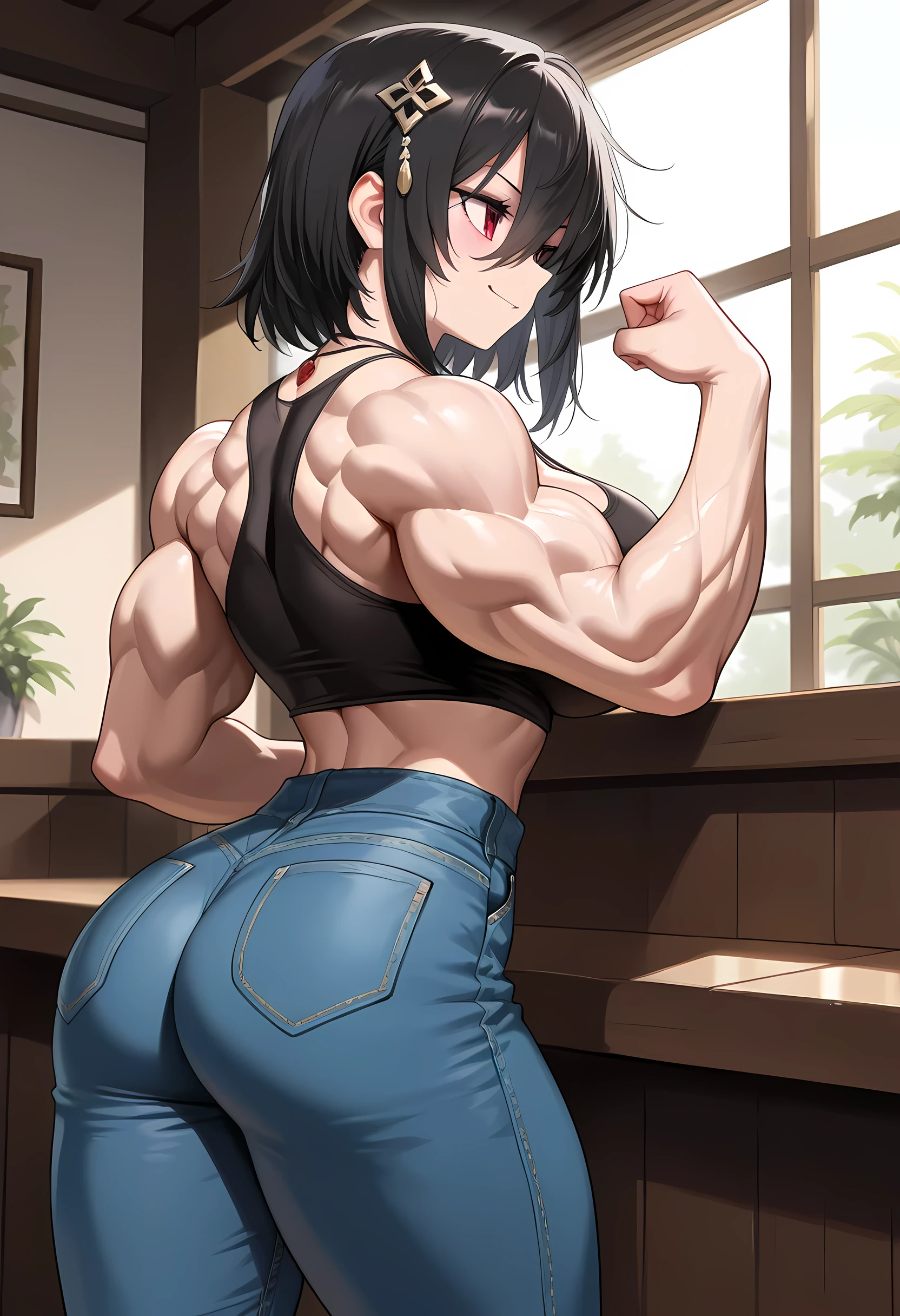 (Masterpiece:1.5), (Best Quality:1.2), (Hyper detailed:1.2),(Anime:1.2),(Bright colors),Vivid Color, (Teenage girl:2), 14 years old, Hairstyle Short, Small Tits, Thick Neck, (lean body:1.5),(back muscle:1.6), Brassiere, Panties