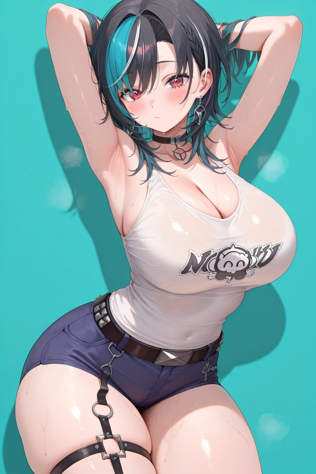 1girl, Sorai Saki, masterpiece, best quality, high quality, detailed, ultra detailed, hyper detailed, insanely detailed, exquisite, beautiful, FHD, Full-HD, 4K, a girl, serious look, serious expression, embarrassed, flushed, flushing, flushed cheeks, flushed face, bashful, ashamed, blushing, arms crossed, legs spread, sitting on the floor, looking at viewer, short hair, blue hair, blue eyes, tsurime, slant eyes, with tears in eyes, pale skin, fair skin, beautiful breasts, voluptuous, curvy, Rash guard, Bikini Shorts, swimsuit, white background, no background, cowboy shot, dynamic angle, from above, dutch angle shot, golden ratio