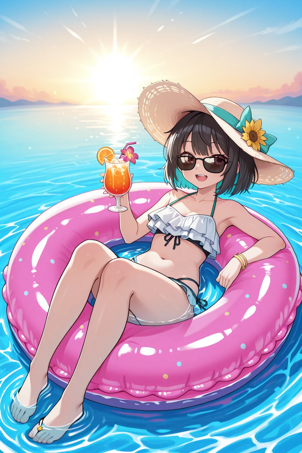 1 girl, :d , beach, summer, bikini, aqua_nails, ball beach, beach_umbrella, beachball, bird, bracelet brown_hair, cloud, cloudy_sky, cocktail_glass, collarbone, cup, drinking_glass, drinking_straw, eyewear_on_head, flamingo, food, fruit, blue_eye, hair_between_eyes, hair ornament, hairclip, holding, holding_water_gun, inflatable_flamingo, jewelry, knee_pads, lime_(fruit), looking_at_viewer, multicolored_hat nail_polish, navel official_alternate_costume, outdoors, pink_bracelet, pink_nails, pink bikini, sandals,