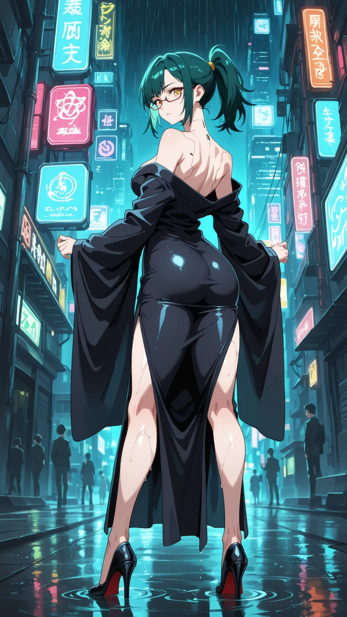 BREAK looking at viewer, BREAK (masterpiece:1.2), best quality, high resolution, unity 8k wallpaper, (illustration:0.8), (beautiful detailed eyes:1.6), extremely detailed face, perfect lighting, extremely detailed CG, (perfect anatomy),Futuristic megacity at night, streets glistening with fresh rain, neon signs reflecting in endless puddles, towering skyscrapers with holographic billboards casting colorful glow on wet asphalt, steam rising from sewer grates,, glass facades distorting the electric glow, 4K ultra-detailed cyberpunk atmosphere, cinematic composition, maki_v1,1girl,green_hair,glasses,ponytail,yellow eyes,fullbody show,tight dress,japanese dress,black dress.cleavege,collarbone,cleavege on leg,high heels,from behind,arched back,looking back at viewer,