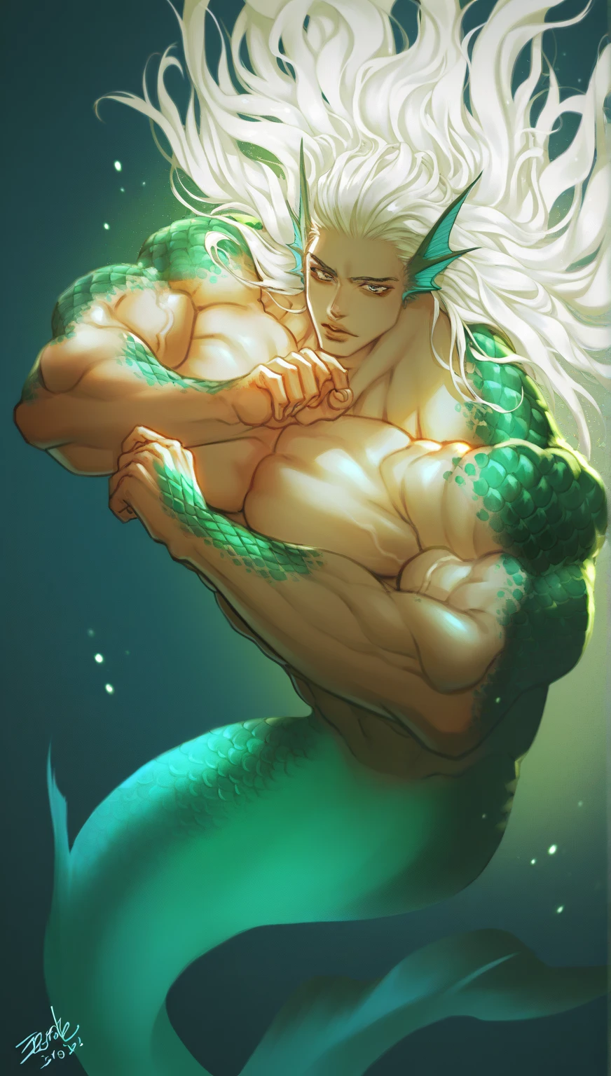 2 men, multiple men, Muscular shirtless handsome man with green tentacle hair and a muscular shirtless laughing man with pink tentacle hair in a cavern, blue tentacles tickling armpits, hands above head, tentacles all over body, tentacles background, tentacles touching man's armpits