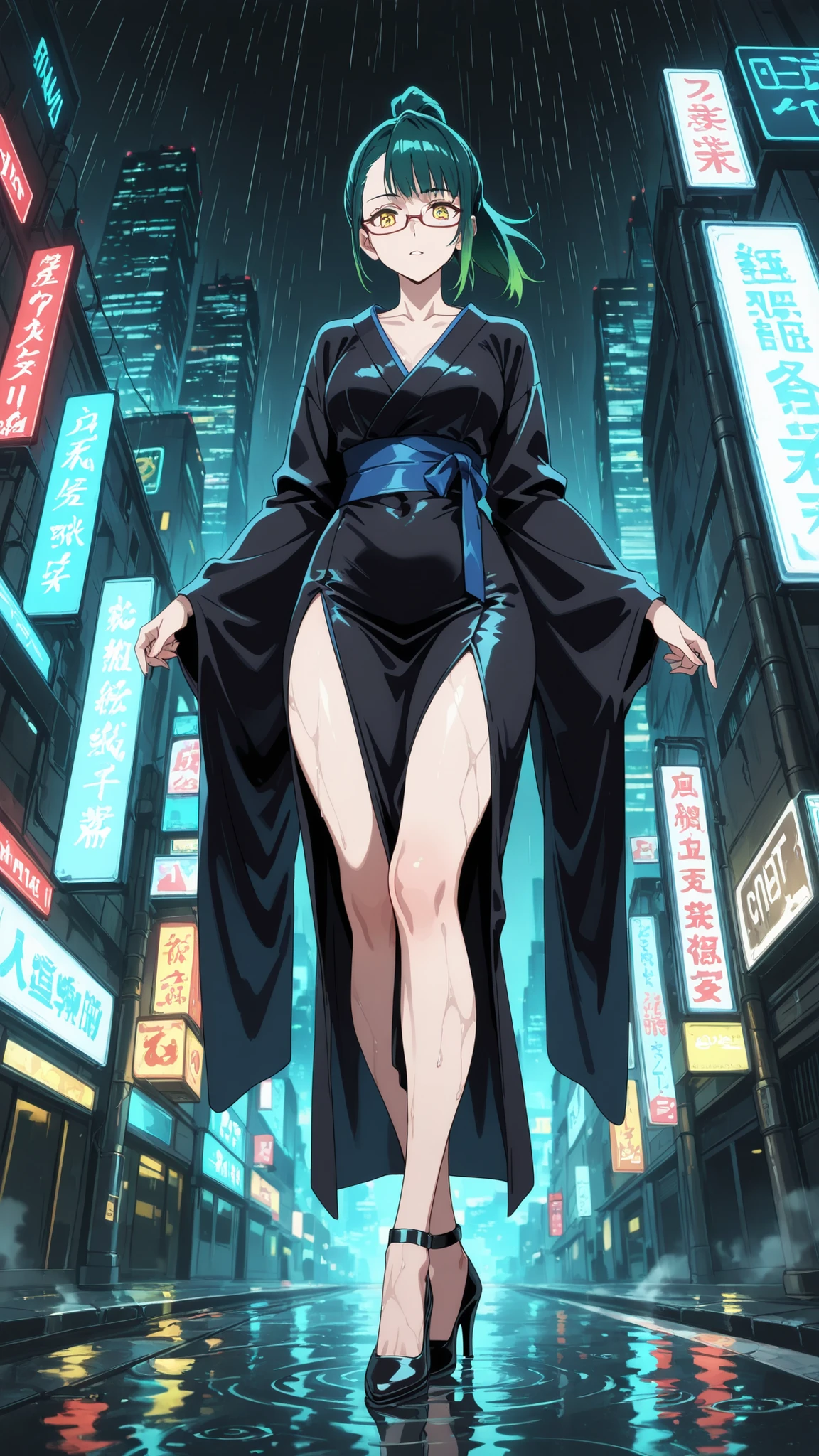 BREAK looking at viewer, BREAK (masterpiece:1.2), best quality, high resolution, unity 8k wallpaper, (illustration:0.8), (beautiful detailed eyes:1.6), extremely detailed face, perfect lighting, extremely detailed CG, (perfect anatomy),Futuristic megacity at night, streets glistening with fresh rain, neon signs reflecting in endless puddles, towering skyscrapers with holographic billboards casting colorful glow on wet asphalt, steam rising from sewer grates,, glass facades distorting the electric glow, 4K ultra-detailed cyberpunk atmosphere, cinematic composition, maki_v1,1girl,green_hair,glasses,ponytail,yellow eyes,fullbody show,tight dress,japanese dress,black dress.cleavege,collarbone,cleavege on leg,high heels,from below.