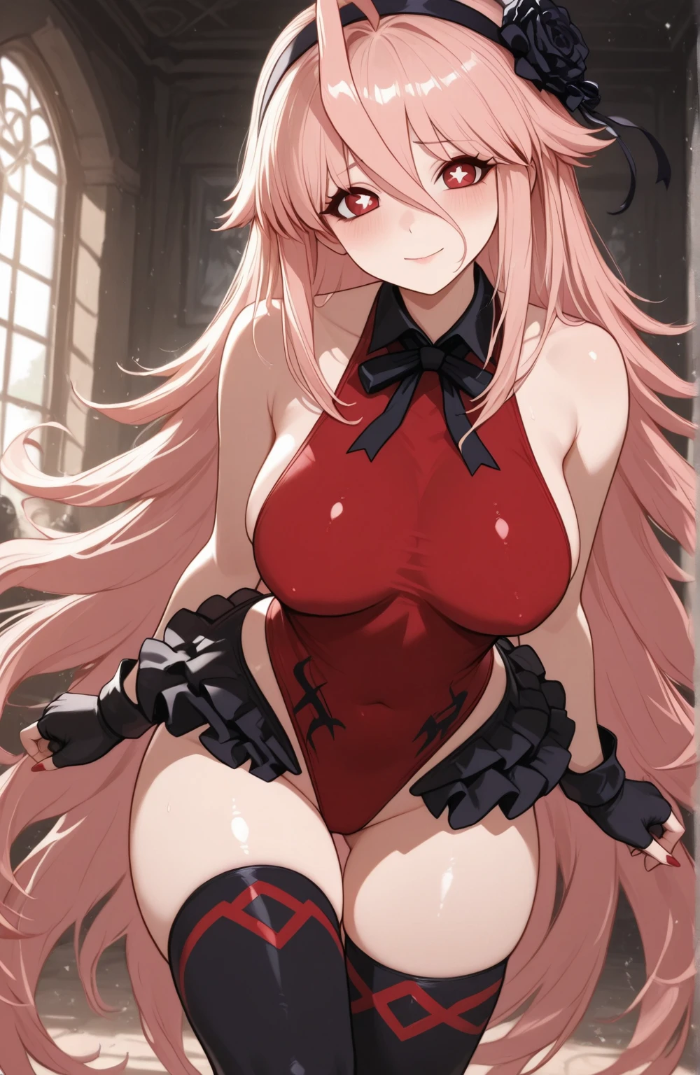 big lips, pink hair, pink eyes, japanese face, gyaru, huge breasts, wide hips, sexy, pink theme, kawaii, detailed, decora, bangs, grin, gyaru outfit, kawaii, pink and black outfit, sensual face, creative goth outfit, plaid, horns, emo bedroom, goth, goth girl, egirl, huge breasts, sexy, perfect, wearing a plaid skirt, panties, twin tails, small succubus wings