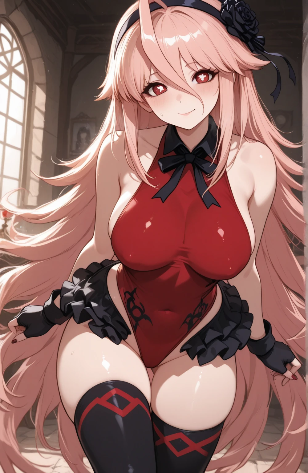 whore, Blue eyes, white robe, cat ears, underwear, sweat, shiny skin,