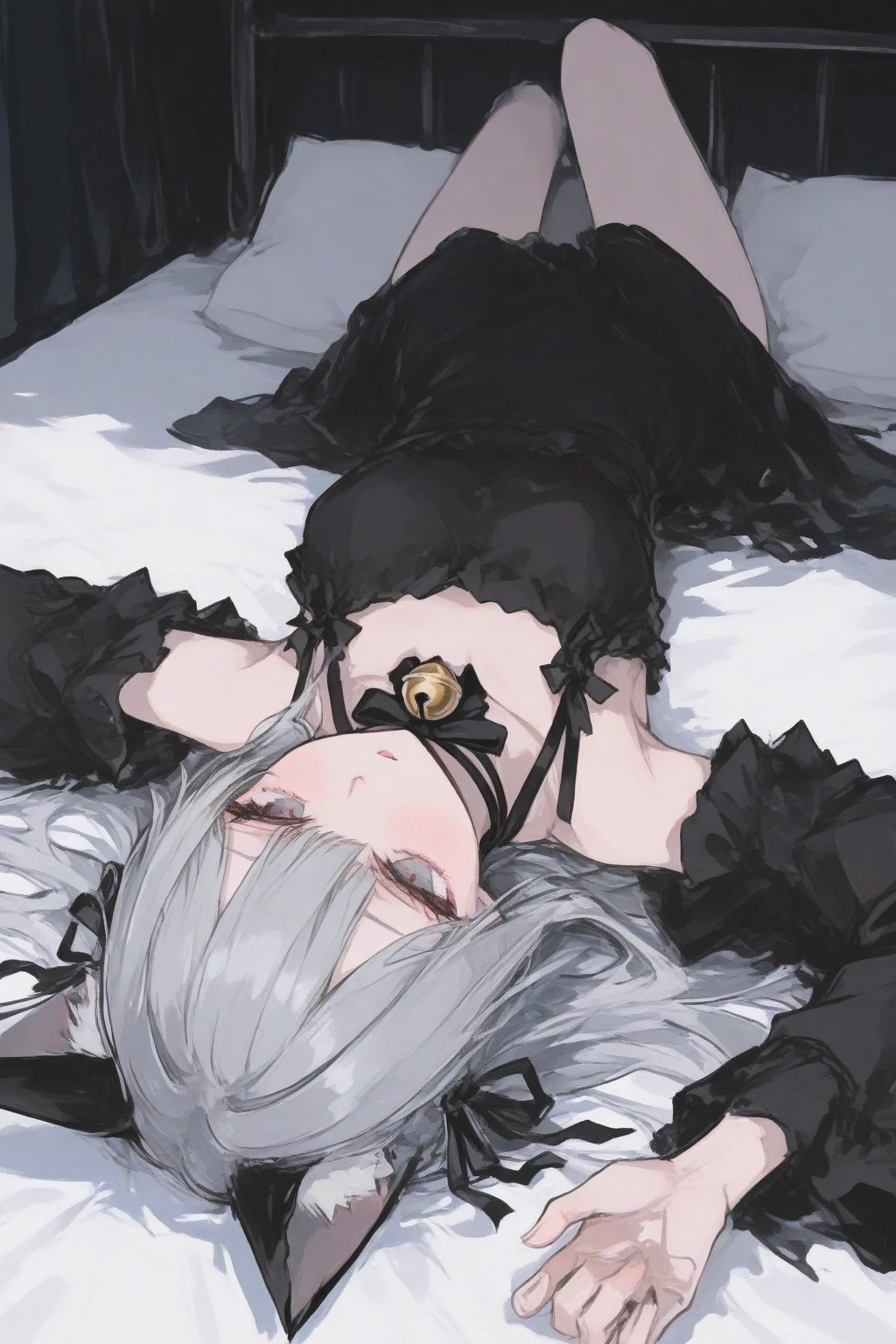 beautiful, masterpiece, Highest quality, anime, One girl, C Cup,Portrait Shot, Short Hair、nearby、Blue Eyes、art、、White hair,Blue streaked hair、hairpin、Cute恥ずかしがる、Thighs、Cute、Beautiful breasts、Full Harness、valley、Nipples、Large_Sweat、Under Harness、Body Harness、Nude、Tightening、Penetration、Lying on your back、bed、Body stockings