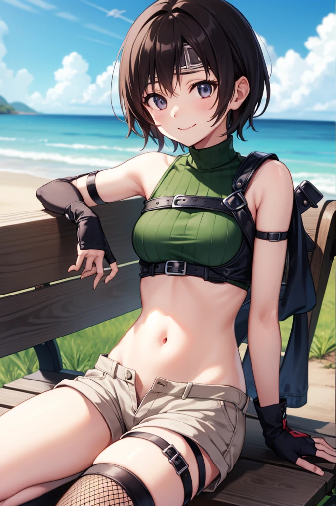 yuffiekisaragi, Yuffie Kisaragi,Haircuts, pixie cut,
壊す crop top, fingerless gloves, fishnet Thighhighs, fishnet, forehead protector, gloves, head band, belly button, short shorts, shorts, single sleeve, single thigh high, No sleeve, No sleeve turtleneck, Thighhighs, turtleneck,
bench、blue sky、smile, solo