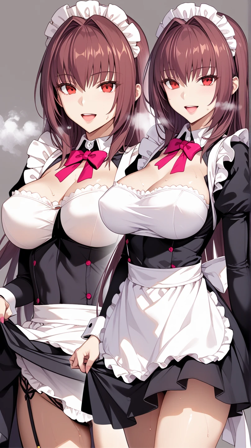 No two sons, Brown Hair, Brown eyes, Long Hair, Large Breasts, Wide Hips, Curvy, Cleavage, cat suit,Unzip,Upper Body,Secret spy, Half-closed eyes, Grin, Hands on hips, Upper Body