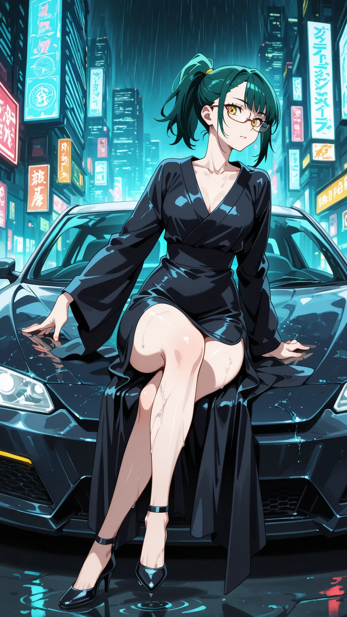 BREAK looking at viewer, BREAK (masterpiece:1.2), best quality, high resolution, unity 8k wallpaper, (illustration:0.8), (beautiful detailed eyes:1.6), extremely detailed face, perfect lighting, extremely detailed CG, (perfect anatomy),Futuristic megacity at night, streets glistening with fresh rain, neon signs reflecting in endless puddles, towering skyscrapers with holographic billboards casting colorful glow on wet asphalt, steam rising from sewer grates,, glass facades distorting the electric glow, 4K ultra-detailed cyberpunk atmosphere, cinematic composition, maki_v1,1girl,green_hair,glasses,ponytail,yellow eyes,fullbody show,tight dress,japanese dress,black dress.cleavege,collarbone,cleavege on leg,high heels,from behind,arched back,looking back at viewer,sitting on car,cross legs.