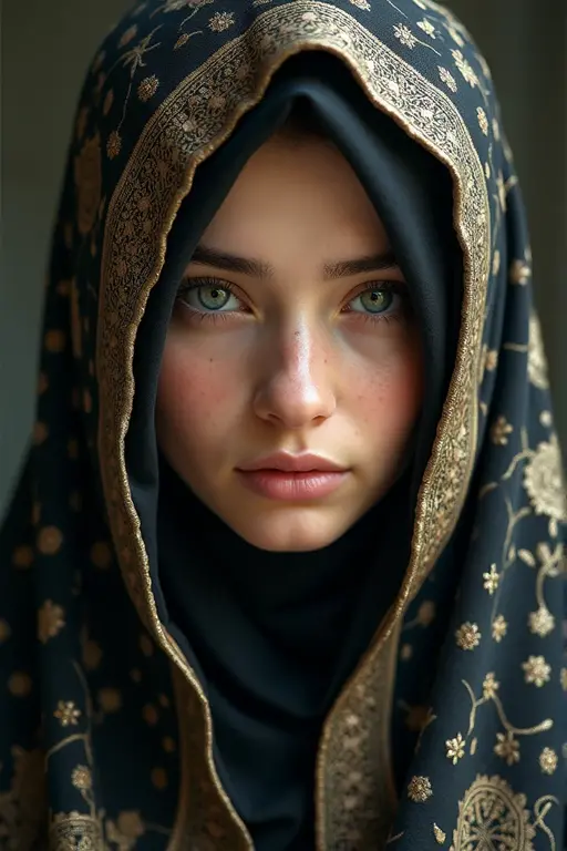 (photorealism:1.2), portrait of a young afghan muslim woman wearing hijab, abaya, no chin dimple, not smiling, looking at camera, frontal view, standing streight, UHD, 4K, very high detail, hyperrealistic