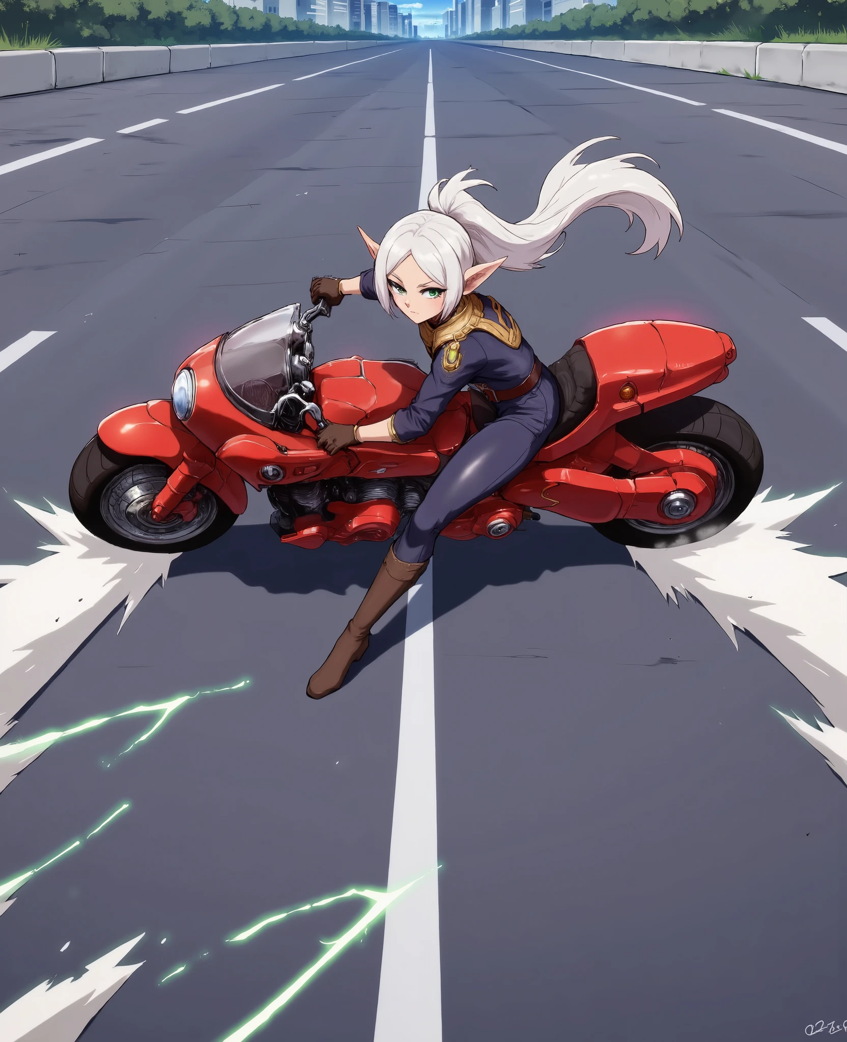 slide anime image of a woman, sliding on her big red motorcycle along the road, Ak,nereirfpnxl, freeze, elf, pointy ears, green eyes, white hair, two-tailed 