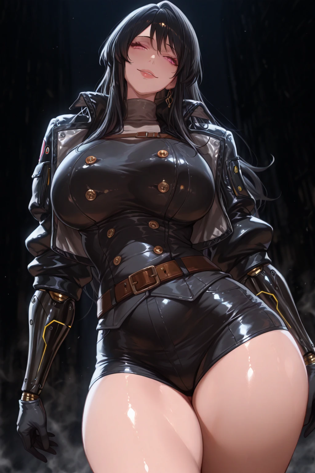professional artwork, Intricate Details, field of view, sharp focus, detailed painting, photorealistic lighting, trending on pixiv, Standing at attention, black outfit ,yellow collared shirt,black bodysuit,skin_tight,black legwear, black pantyhose, Side_boob, black hair,very long hair, Bangs,yellow eyes,makeup, lipstick, 35yo,mature female,Beautiful Finger,Beautiful long legs,Beautiful body,Beautiful Nose,Beautiful character design, perfect eyes, perfect face, looking at viewer,official art,extremely detailed CG unreal engine, 8k wallpaper, perfect lighting,Colorful, Bright_Front_face_Lighting, (masterpiece:1.0),(best_quality:1.0), ultra high res,4K,ultra-detailed, photography, 8K, HDR, highres, absurdres:1.2, Kodak portra 400, film grain, blurry background, (Beautiful,large_Breasts:1.4), (beautiful_face:1.5),(narrow_waist), (solo:1.4), ((landscape dimension)),