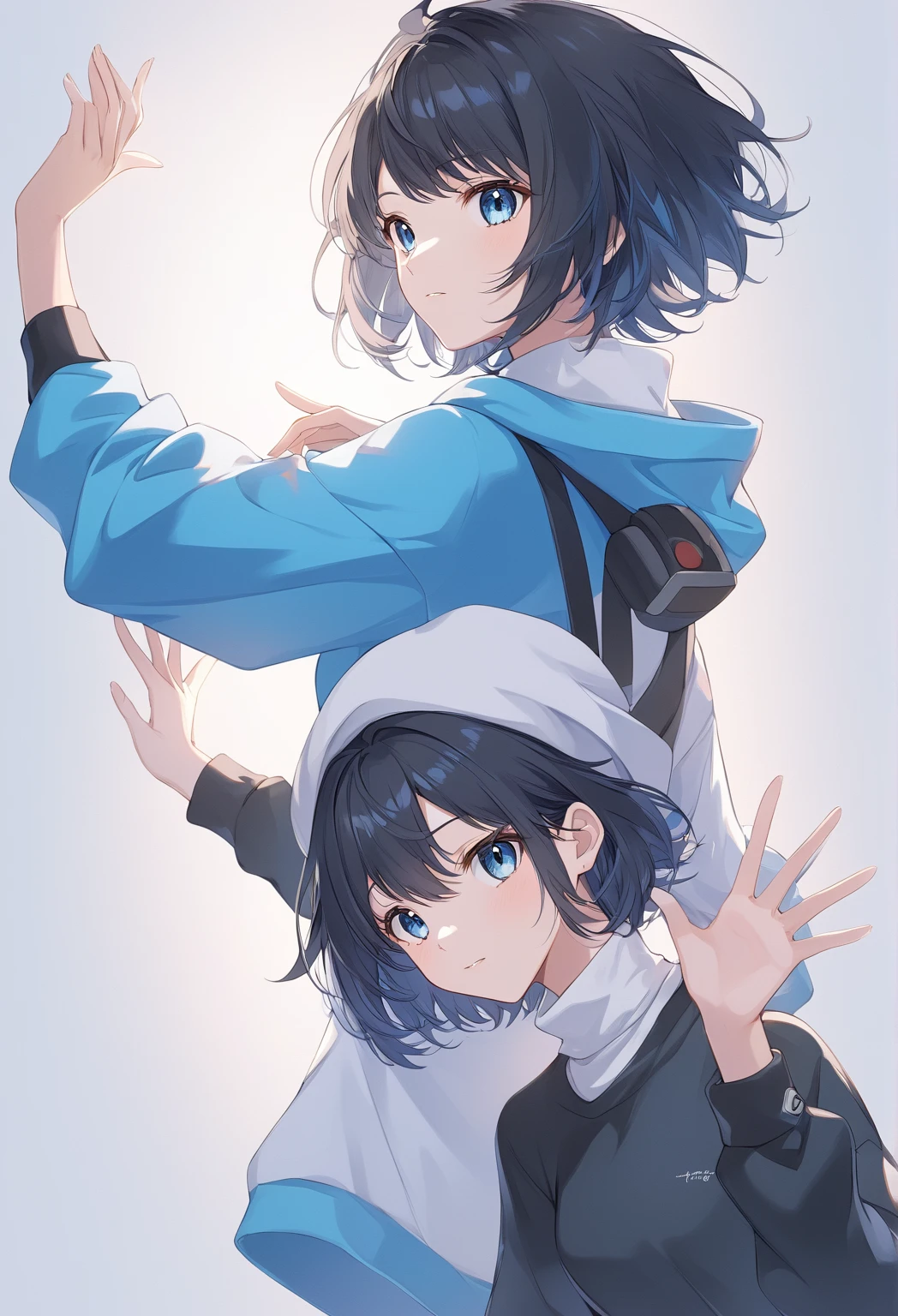 1 A boy dressed in white，male ，Cheerful and lively，Welcoming and lovely，Charming, Handsome，fashion hair，short detailed hair，Playful expression，Side face avatar，Black color hair，vivid background，blue eyes
