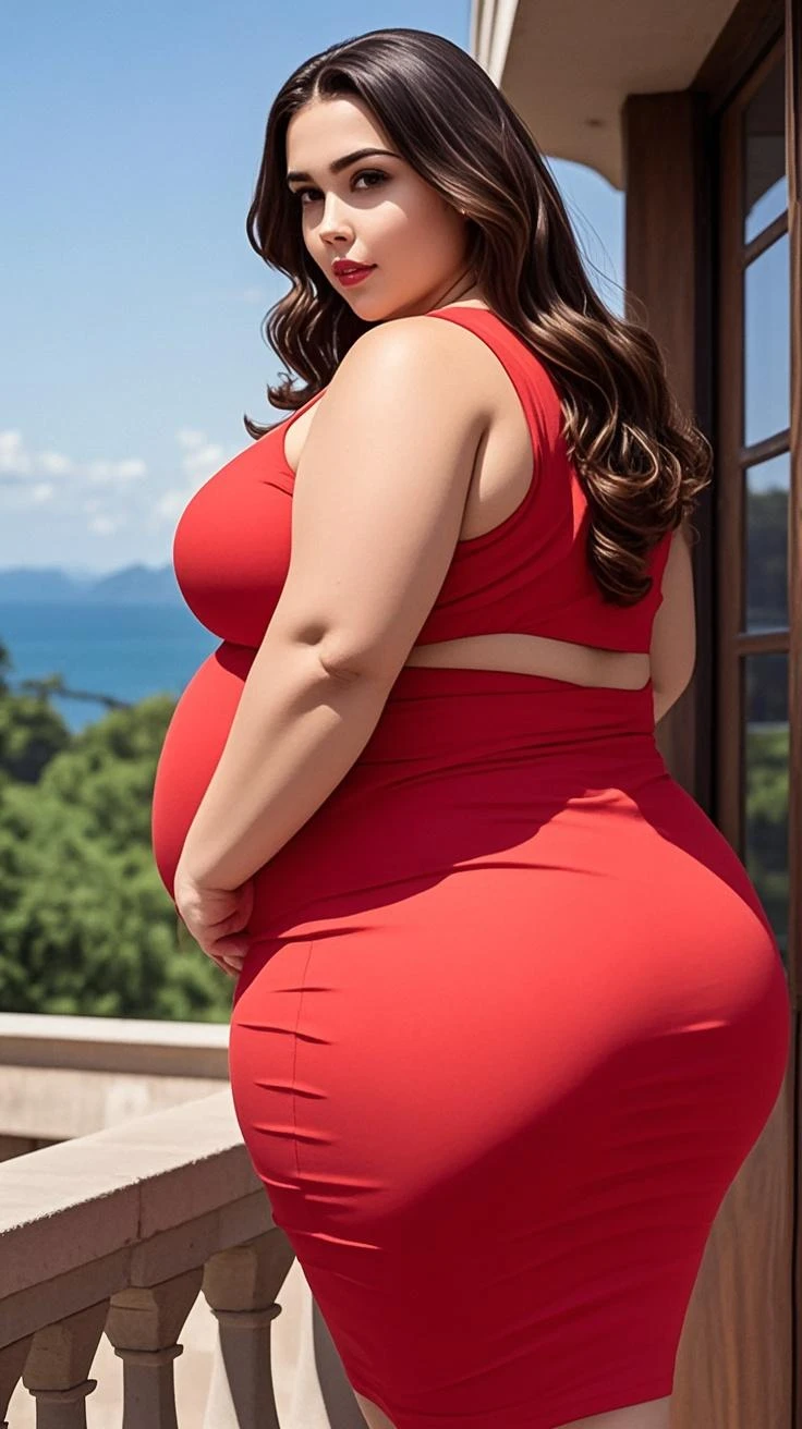 a close up of a woman with a large 배 and a red top, her 배 is fat and round, 배 exposed, fat 배, she has a jiggly fat round 배, pregnant 배, visible 배, folds of 배 flab, 배, 큰 배, 부푼, bouncy 배, 반신 자르기, big 배, 중간 샷 허리까지