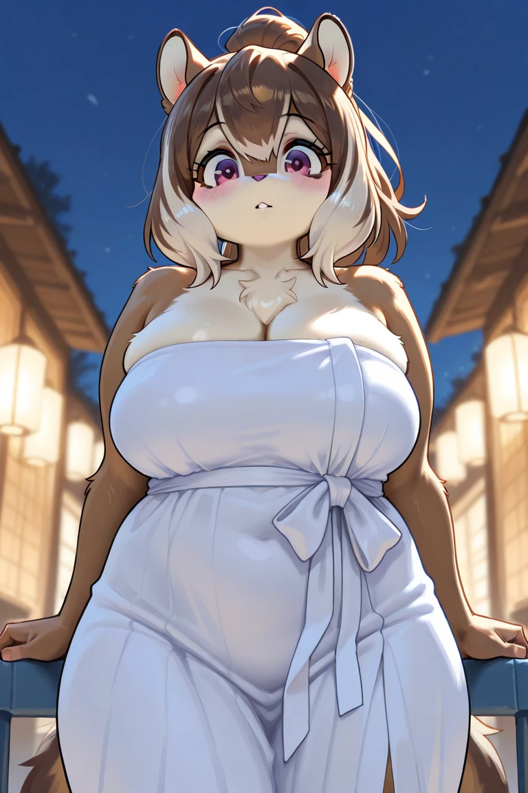 blonde hair, short hair, hairband, Purple eyes, ,nsfw , large breasts, nipple, Walking, , Abandoned amusement park frozen, wet, ,, Naked, blind ,Temptation (1girl) Blank look