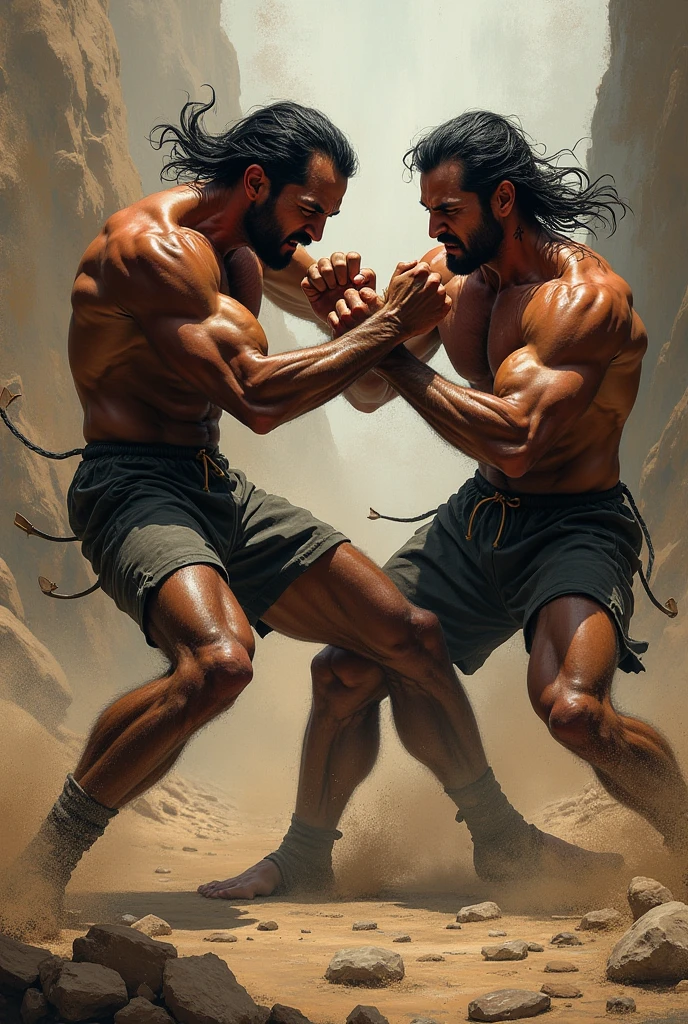 Young muscular white man leggings bulg fights against two muscular black men, One lies dead on the Biden , in forest
