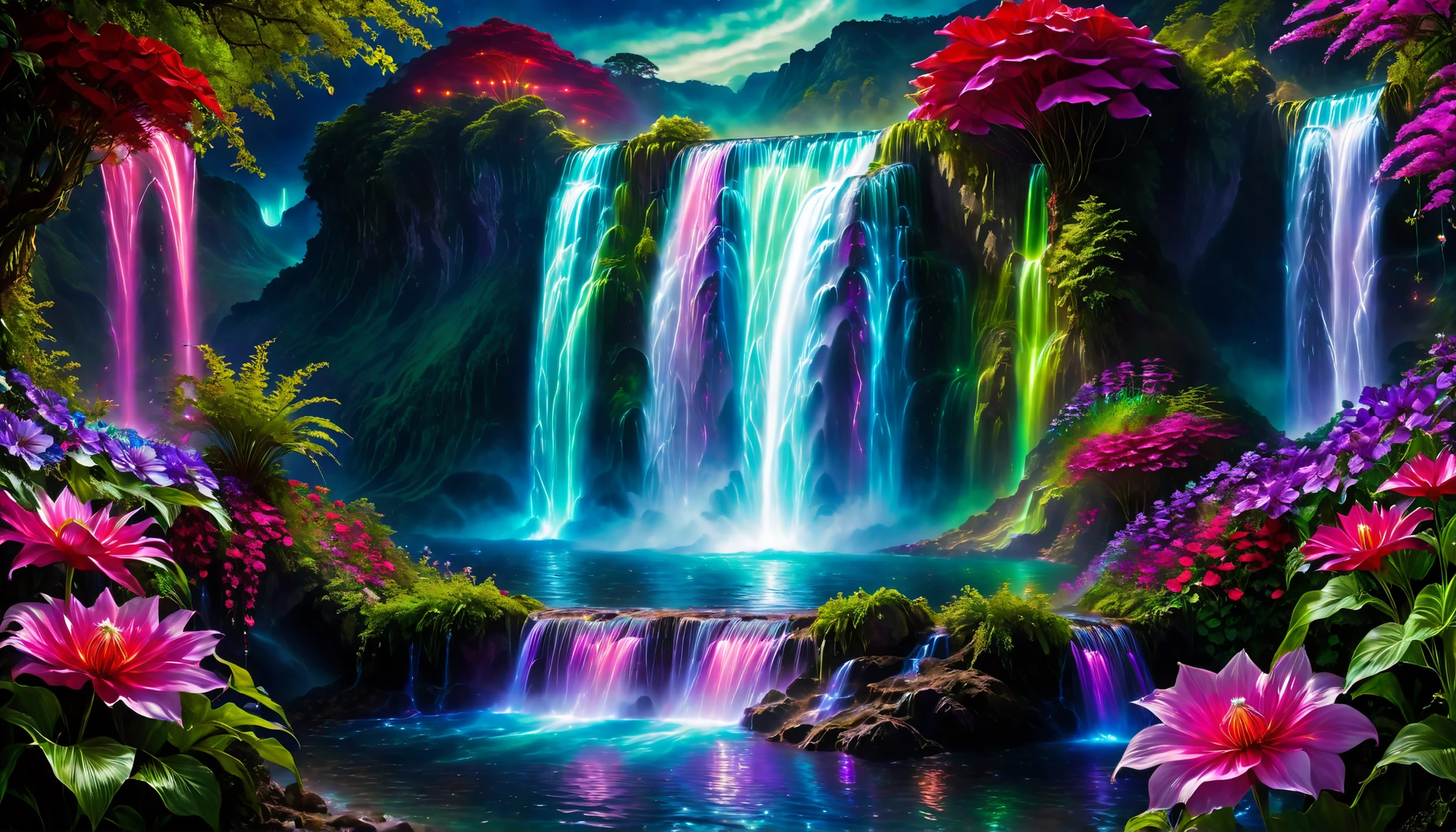 Shiny purple |Pink|blue waterfall amongst strange magic flowers, At night, glowing fairy lights , magic, High quality fairyland waterfall, Realistic Water, ripple, 8k,(A mysterious and majestic large waterfall that can be seen behind:1.5),landscape photos of the most beautiful countries in the world,(big blue, purple, red, and green flowers are in full bloom:1.5),