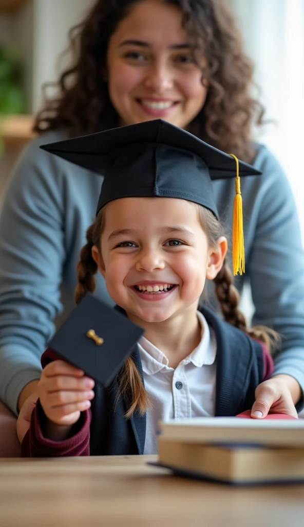 A 6-year-old child graduating from kindergarten 5 with a black gown holding a straw with a smile without a tooth on the freight, light brown hair and brown eyes