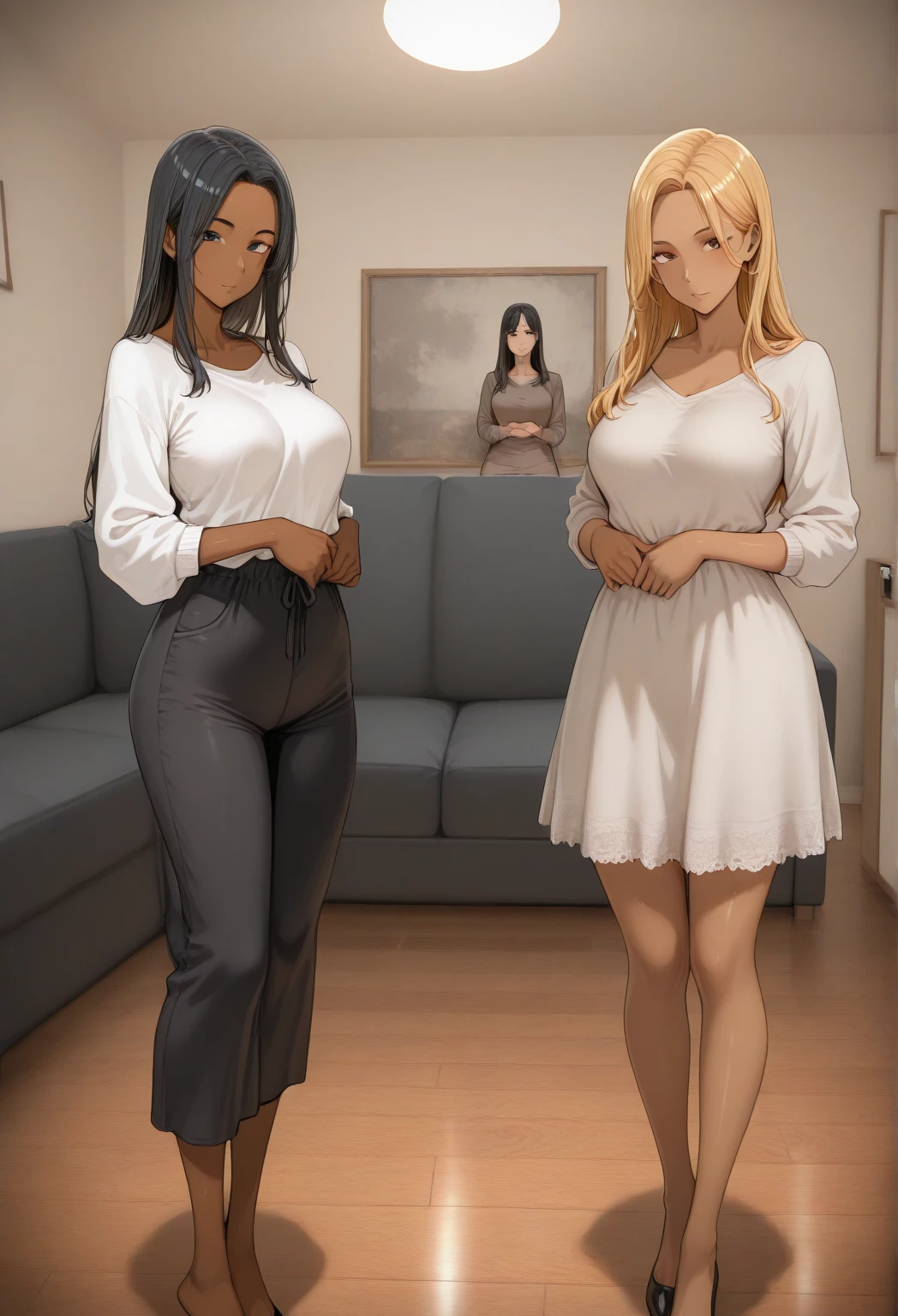 Many young girls, blondes, big breasts, beautiful breasts, close-up, full body photo, student blush, beautiful legs, high heels, red mansion, red room three female students of medium build