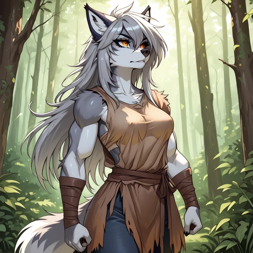 ultra-detailed, masterpiece, masterwork, high quality, best quality, hdr, posted on e621, (by hioshiru), (nature), nsfw, (female), solo, (white little body werewolf), werewolf, (long silver hair, yellow eyes, Scar in one eye, white body), standing, dynamic angle, (loincloth, carrying a bow on my back. )