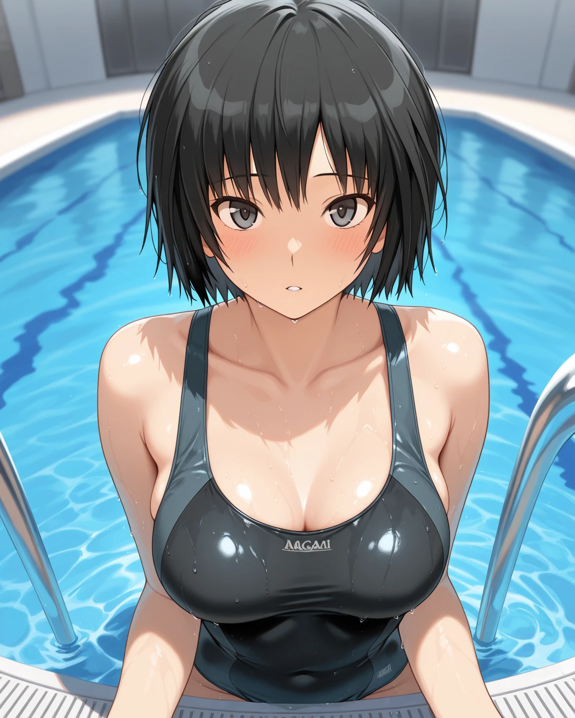 High quality, masterpiece, girl, schoolgirl, slender body, medium breasts, {nipple}, cleavage, black t-shirt, roomy t-shirt, sheer clothes, wet clothes, emphasize breasts, legs open, naked, no panty, no bottom, {nipple}, white mushy liquid on chest, black hair, pink inner color hair, blush, short hair