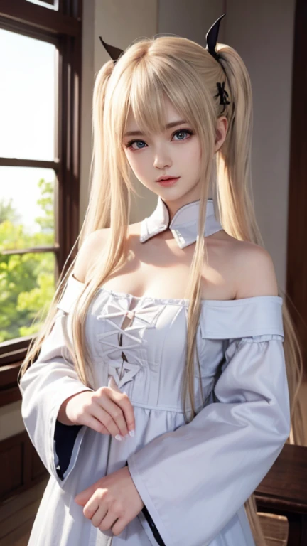 1 girl, cute face, art style, Beautiful white and shining skin、Blonde hair changes color depending on how the light hits it.、Long bangs obstruct the view、Highlights of cheek luster、Sexy, very beautiful, adorable, cute, gorgeous face、The most beautiful face in the world、Super long and gorgeous blonde hair、Smooth straight hair、big, light blue eyes shimmering、Beautiful Bangs、Beautiful and cute 16 year old girl、medium breasts, from side, Off-the-shoulder knit sweater、background:GB, ruins
