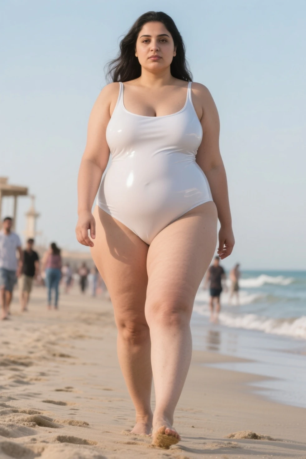 Highest quality, solo, Obese mature woman, overweight, really fat, large breastS, swollen belly, beautiful Chubby face, long braids, tank top, leggings, form fitting clothes, standing, beach, facing the viewer, torso close-up