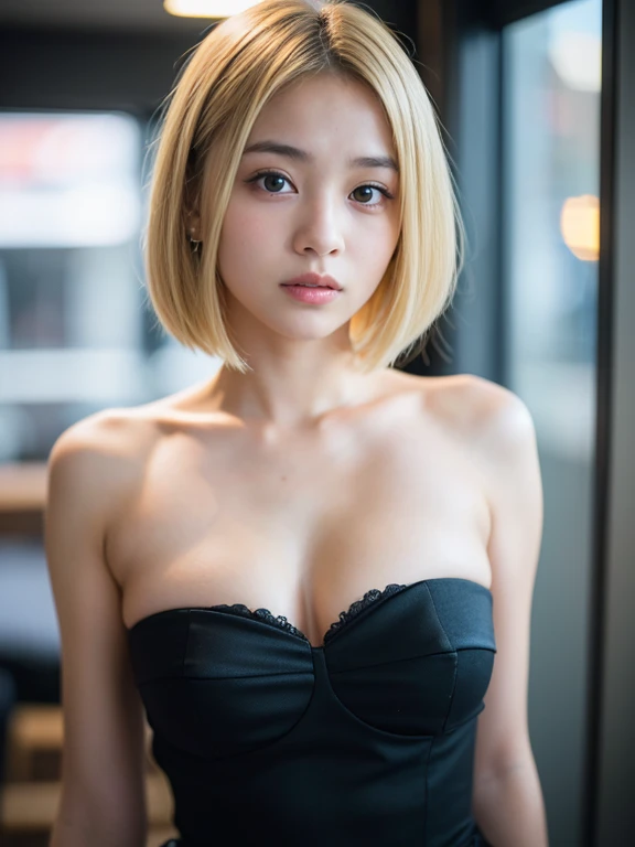 A blonde girl with short hair is wearing a large men's shirt、、Emphasize cleavage、Mos、extra sleeves、Nipples