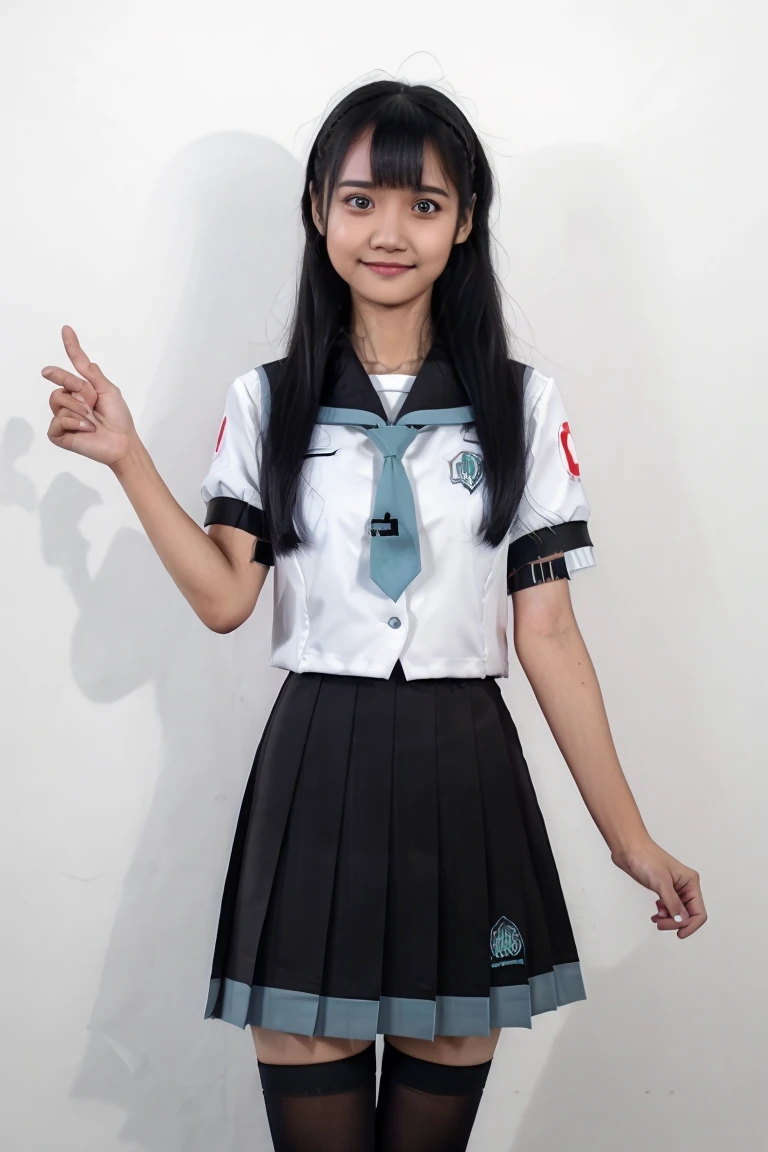 Fashion photography of children, school uniform skirt, strong sense of design, medium shot, 8-year-old girl, Chinese little girl, long hair, hair accessories, delicate skin, happy laughing, simple background, high texture, glare backlight, photography Shed Professional Lighting
