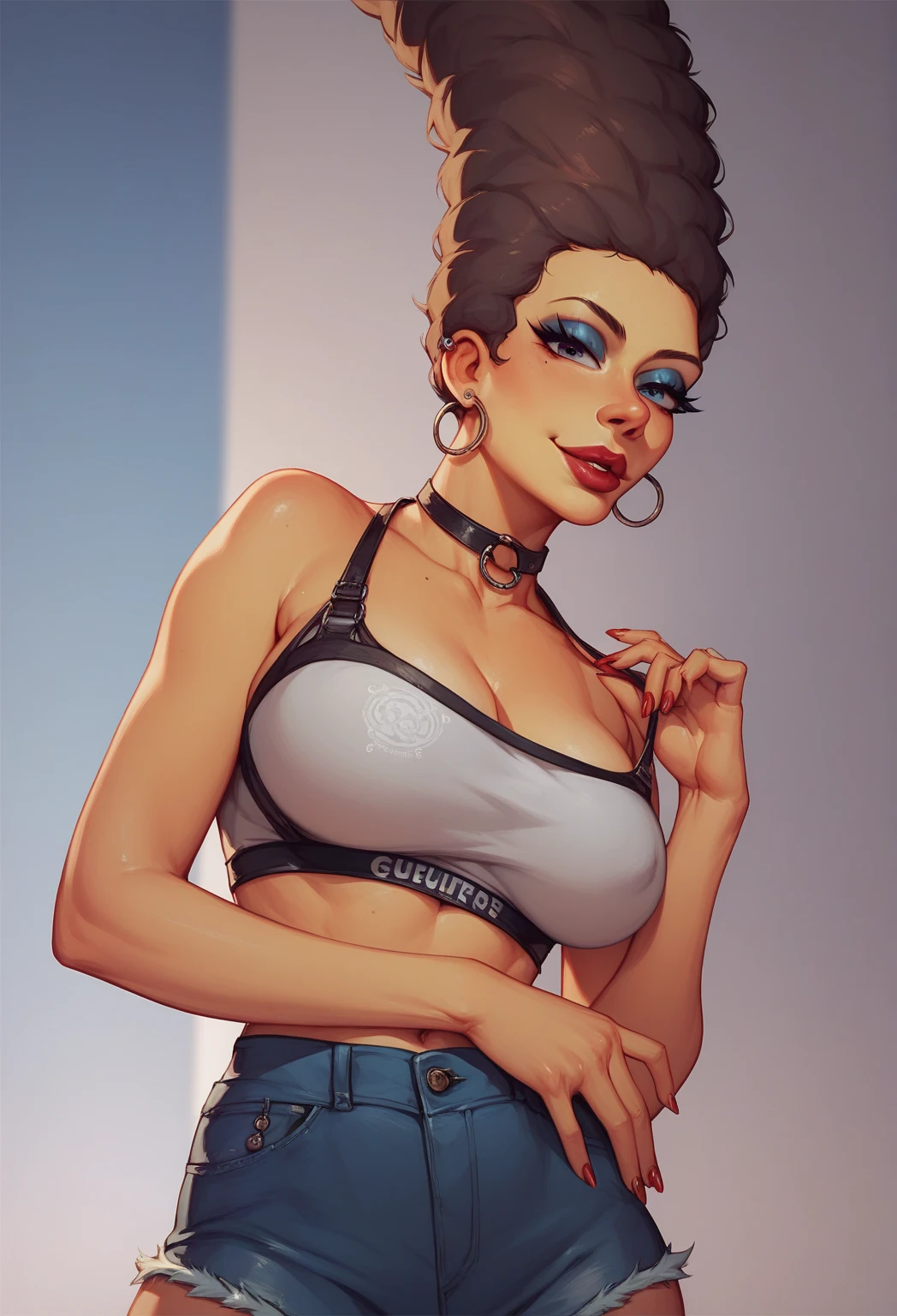 woman, 30 years old, nose piercing, short curly hair, black bikini, big breasts, tattoos on her arms, chest and between her breasts, on the street, black eyes, gold earrings,