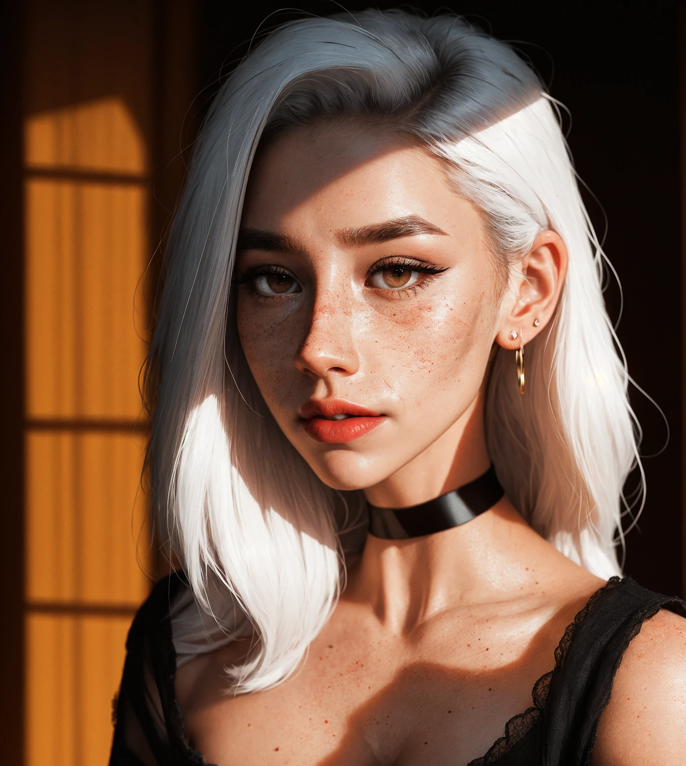 sam yang,
1girl, backlighting, bare shoulders, black choker, blurry, blurry background, blush, breasts, choker, cleavage, closed mouth, collarbone, earrings, forehead, freckles, hair over shoulder, jewelry, long hair, looking down, pointy nose, red lips, shadow, solo, thick eyebrows, thick eyelashes, upper body, white hair
, ((masterpiece))
<lora:samdoesartsSamYang_offsetRightFilesize:1>
