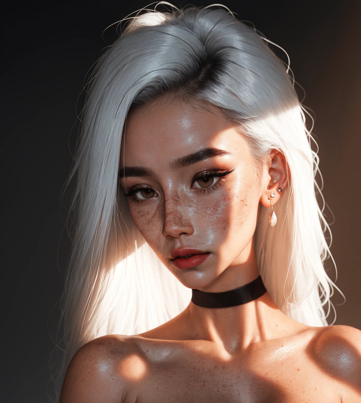 sam yang,1girl, Backlighting, bare shoulders, black choker, blurry, blurred background, blusher, pectorals, Choker, cleavage, closed mouth, 鎖骨, earings, forehead, freckles, hair over shoulder, Jewelry, Long hair, Looking down, pointy nose, red-lips, ombre, 独奏, thick eyebrows, Thick eyelashes, upper-body, white colored hair
, ((Masterpiece)),