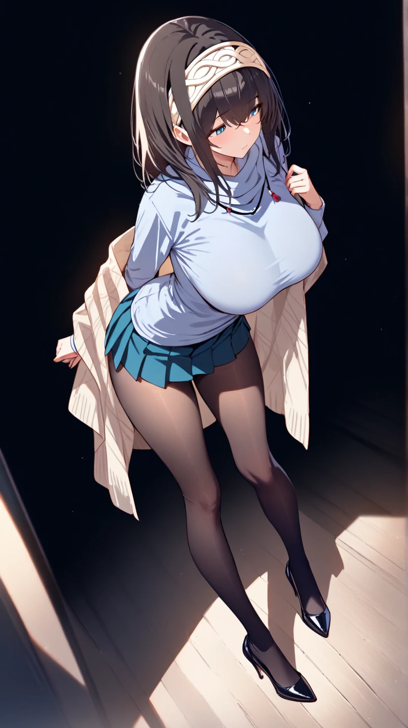 rio \(blue archive\),halo,1girl,breasts,solo,shirt,long hair,pantyhose,underwear,red eyes,panties,black hair,large breasts,tile wall,white shirt,navel,holding shower head,looking at viewer,open shirt,open clothes,hair ornament,bangs,tiles,holding,long sleeves,wet,black panties,black pantyhose,very long hair,parted lips,panties under pantyhose,no bra,shower (place),bathroom,hairclip,blush,standing,smile,indoors,from below,thighband pantyhose,collared shirt,stomach,cleavage,blunt bangs,showering,thighs,