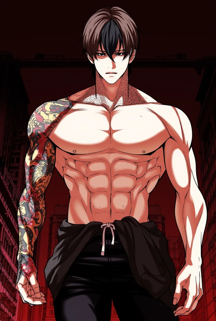 manwh4, manwha, manwha_style, manwha_source, cartoon, man in the street, black hair, red eyes, no shirt, muscular slender man, tattoed body, 
