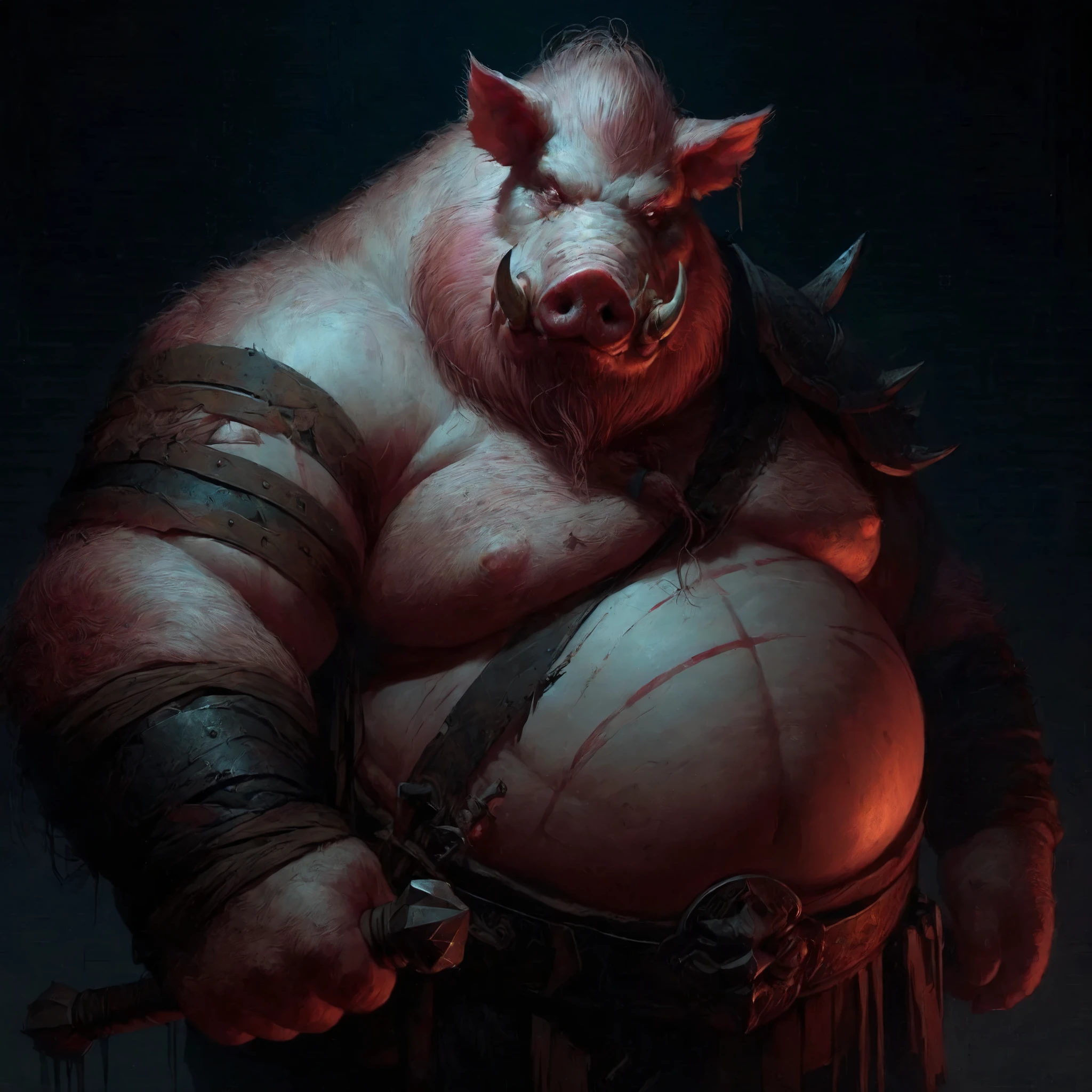 D&D Dark Character Concept Art: attractive obese Pig-Barbarian; looking provokingly suggestive; In darkness; a close up of a pig with a knife and a knife in his hand, wojtek fus, anthropomorphic warrior piglet, giant pig, fat ripped satanic creature, by Tadeusz Pruszkówski, by Adam Marczyński, art of wlop and greg rutkowski, greg rutkowski concept art