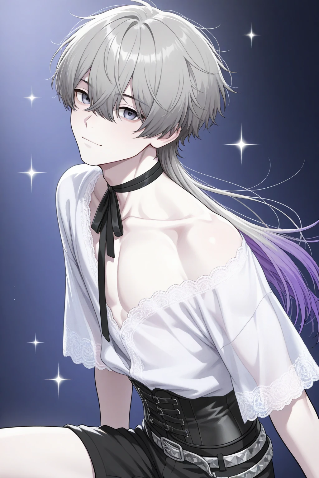 create panel in the art style of mo dao zu shi hybrid character with wolf ears,masculine and dominant gender, short wolfcut white hair , purple raven iris eyes,pale skin, wearing a sexy dress looking in a dressing room mirror with a cheerful smile 