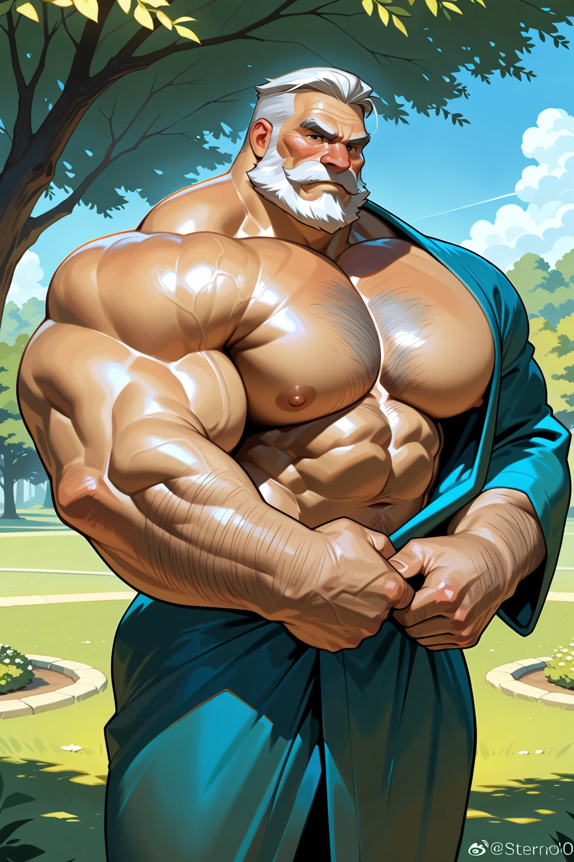 huge muscular old man dwarfs soaking in an waterfall, white and short hair, white beard, old, old man, grandpa, half submerged, huge scar on chest, scars, chest and pubic hair , (huge muscular), detailed muscles, 8k, masterpiece:1.2, hyperrealistic, white fundoshi:1.2, highly detailed full body, ((really big muscle, massive muscular, sixpack, thick arms, wide pectoral, super huge muscle, small head, huge shoulder, hyper muscular, submerged, floating steam, over sized muscle, huge arms, big arms, huge pectoral)), rich colors, serene atmosphere, hot spring, landscape, soft ambient lighting, wrinkled skin, happy expression, reflective water, peaceful relaxation