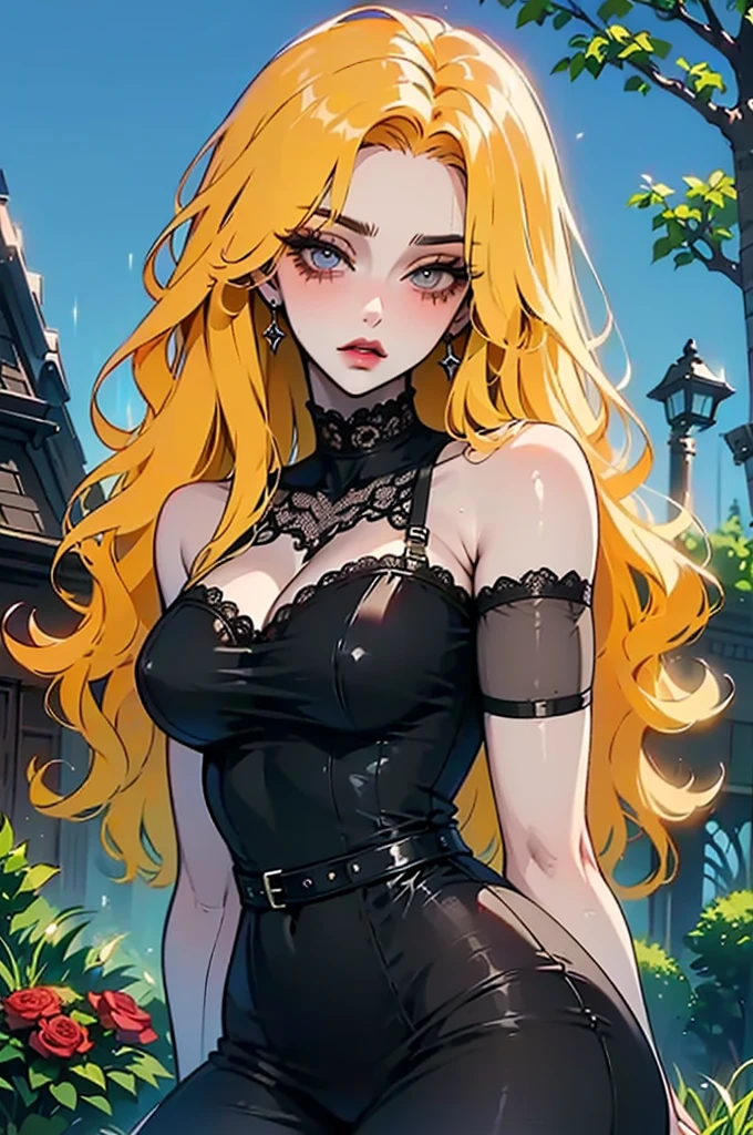 (best quality, ultra-detailed, photorealistic: 1.39), bright and vibrant colors, studio lighting, romantic expression, An effeminate girl, with a delicate and beautiful face. Beautiful and adult tattooed woman with her blonder hair matches the gothic makeup, her blue eyes and mischievous smile, with her large seductive breasts, cleavage, gothic style blouse, strapless lace blouse, plaid pleated skirt, black lace socks, chain details on the skirt, on the porch of the house at night, full moon, night, manga style, anime features manga style, fully body , she is in love, anime style