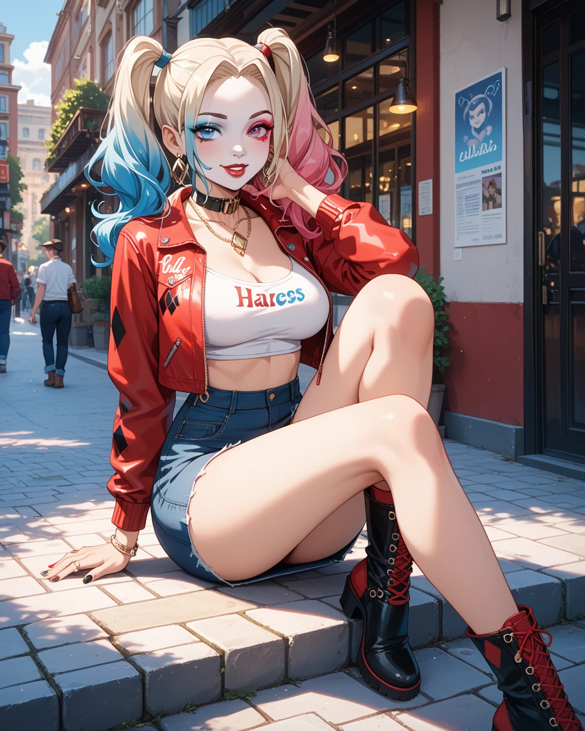 (3 heads:1.5), (Masterpiece, Best Quality:1.2), cowboy shot, Alone, 1 girl, Hecatia lapis lazuli, huge breasts, neckline, under the chest, SMILE, walking, for the crown, not good, camisa negra con bare shoulders que tiene las palabras "welcome hell" in that, strapless, Protruding Crop Top, clothing writing, short sleeves, Gloves without fingers, belly button, diaphragm, multicolored skirt, plaid micro skirt, bare thighs, leather boots, choker, chain, bare shoulders, outdoor, evening, modern city, Red hair, blue fur, Yellow hair