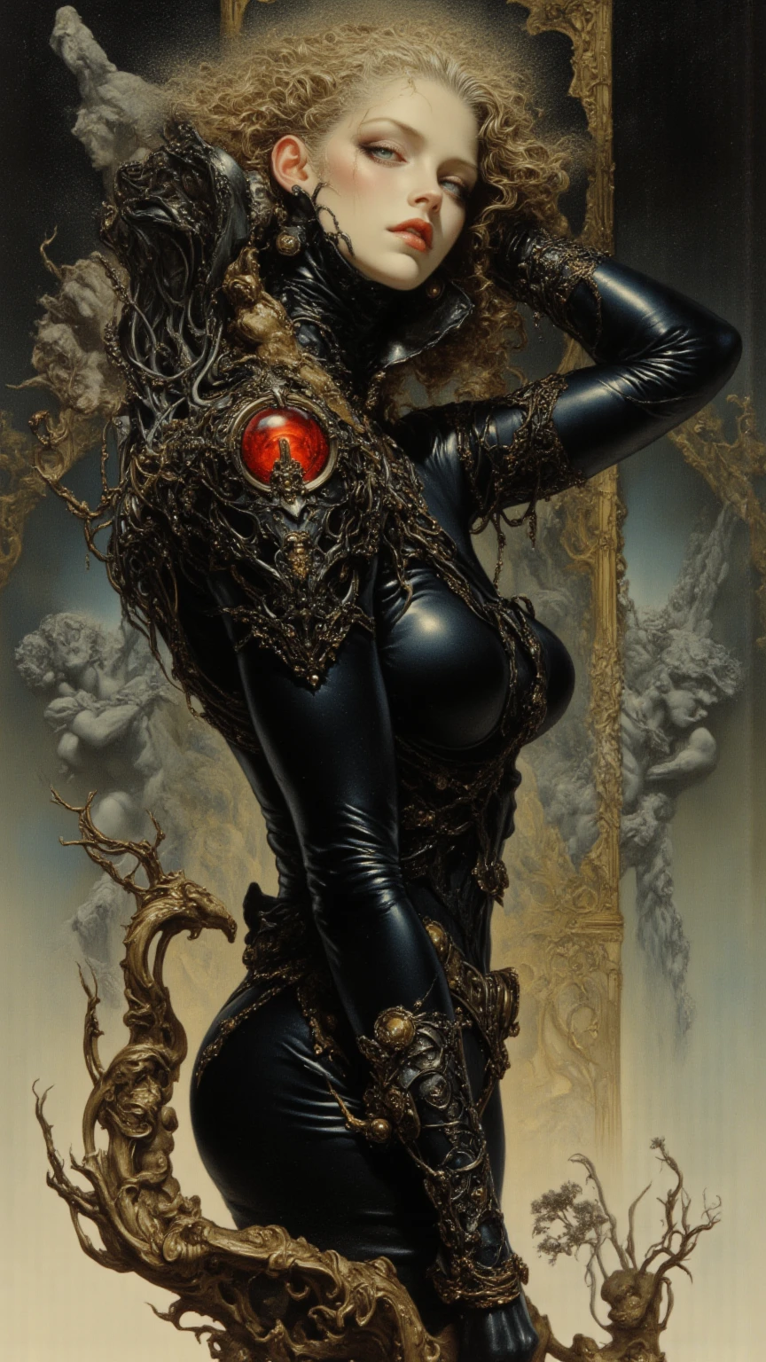 You have a mission!! task (((The most beautiful hr giger tattooed sexy seductive dead girl in a perfectly tailored outfit in a given situation))), (give the solution!!), (((one rule is the golden ratio and white balance))), ((always draw hands and fingers correctly, correct them if you make a mistake)), perfect face, hyper detailed neon ruby eyes, full body view,